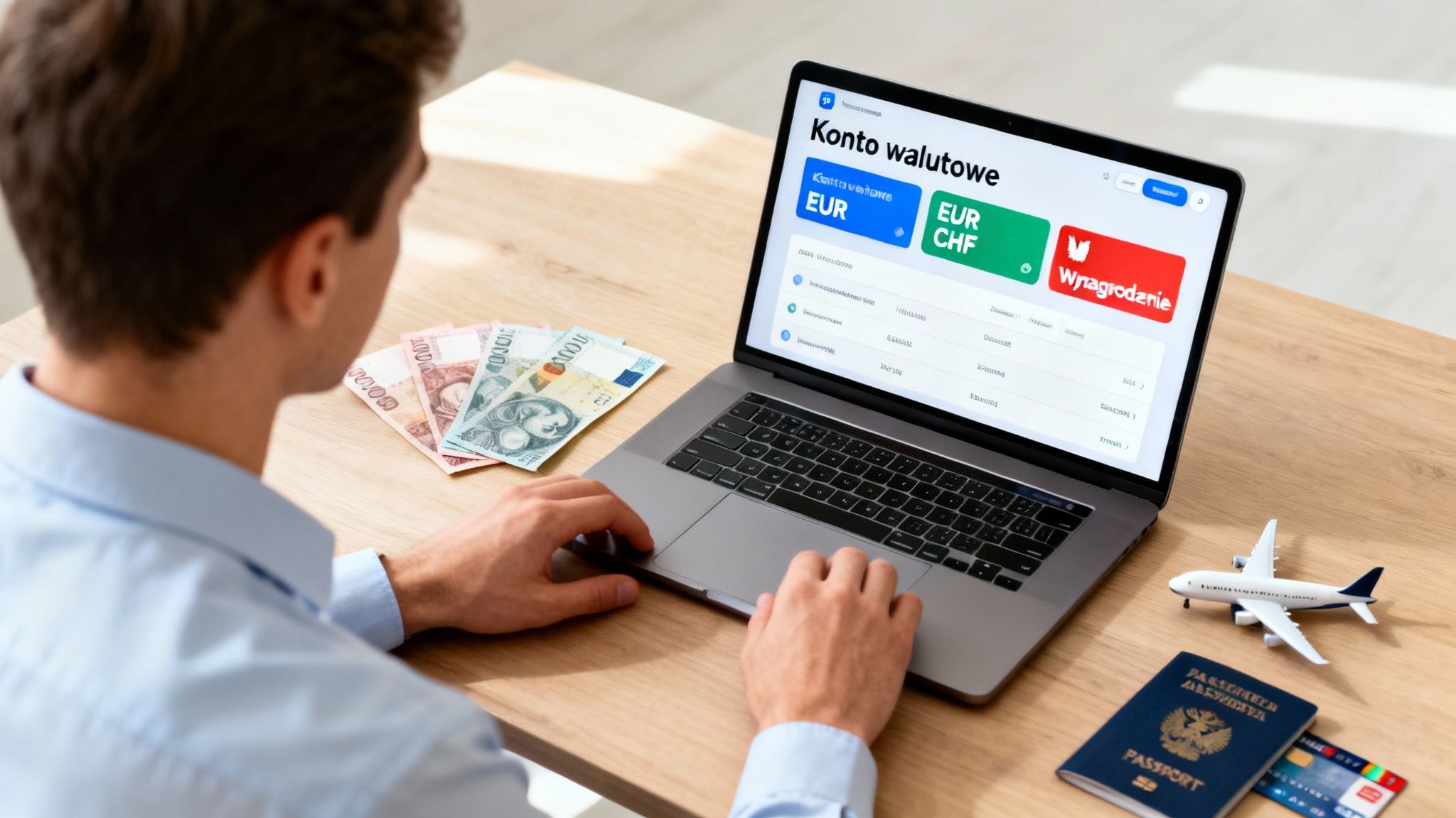 Mężczyzna przegląda konto walutowe na laptopie, obok banknoty, paszport i samolot – planując podróż.