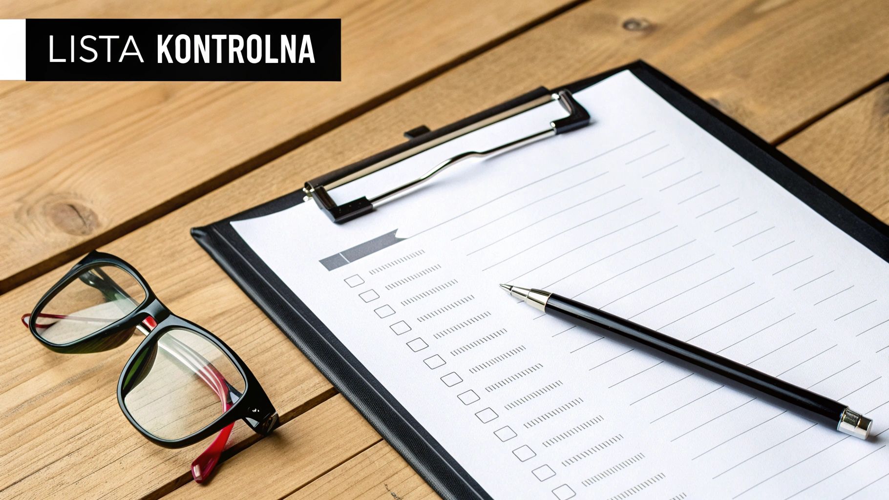 Płaski widok na biurko z listą kontrolną, długopisem i okularami do czytania na drewnianym blacie.