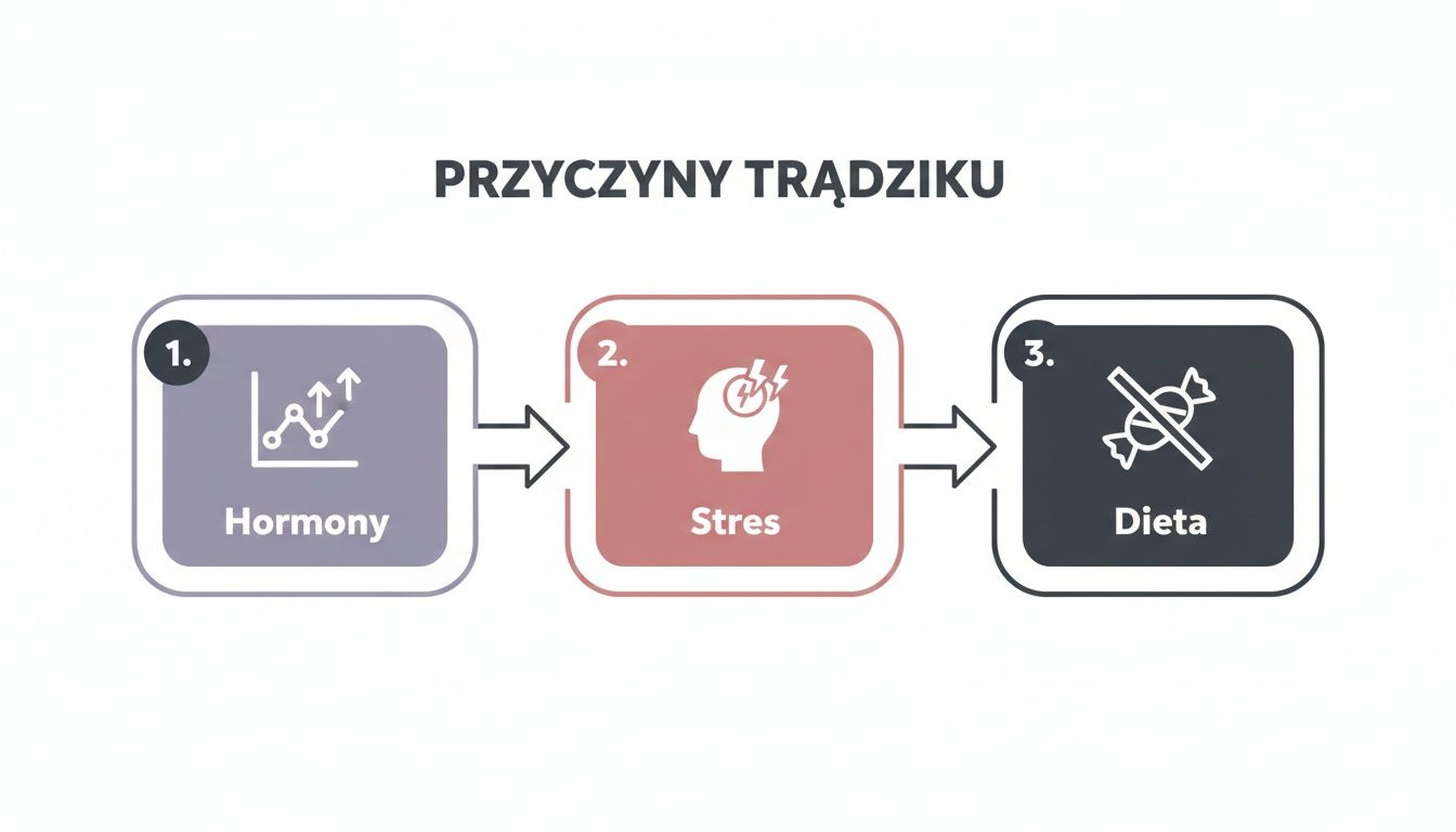 Infografika przedstawiająca główne przyczyny trądziku: hormony, stres i niewłaściwą dietę, symbolizowaną przez przekreślone słodycze.