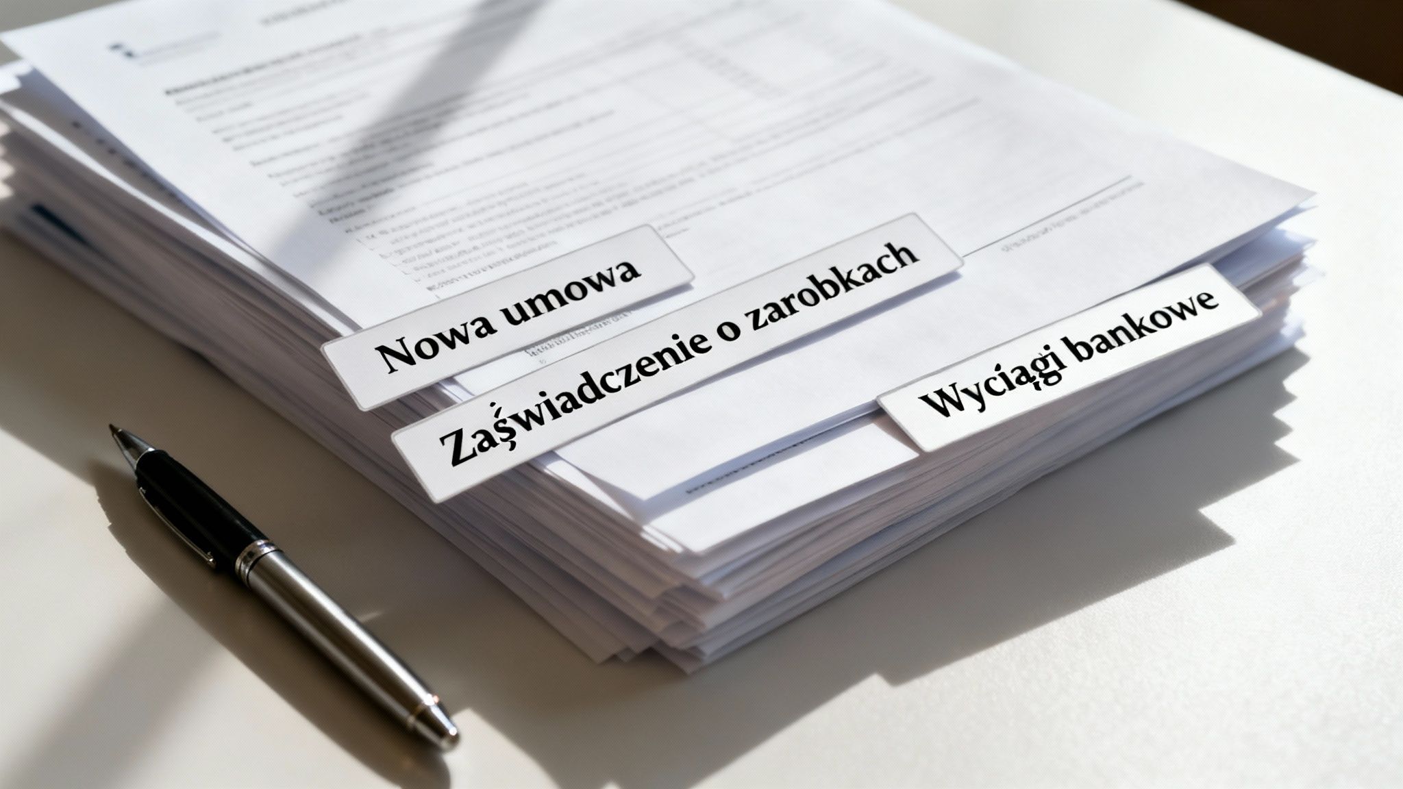Stos dokumentów z etykietami: nowa umowa, zaświadczenie o zarobkach i wyciągi bankowe, obok długopis.
