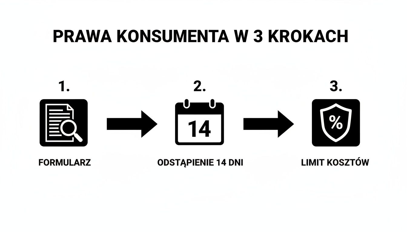 Infografika przedstawiająca prawa konsumenta w 3 krokach: formularz, odstąpienie w 14 dni i limit kosztów.