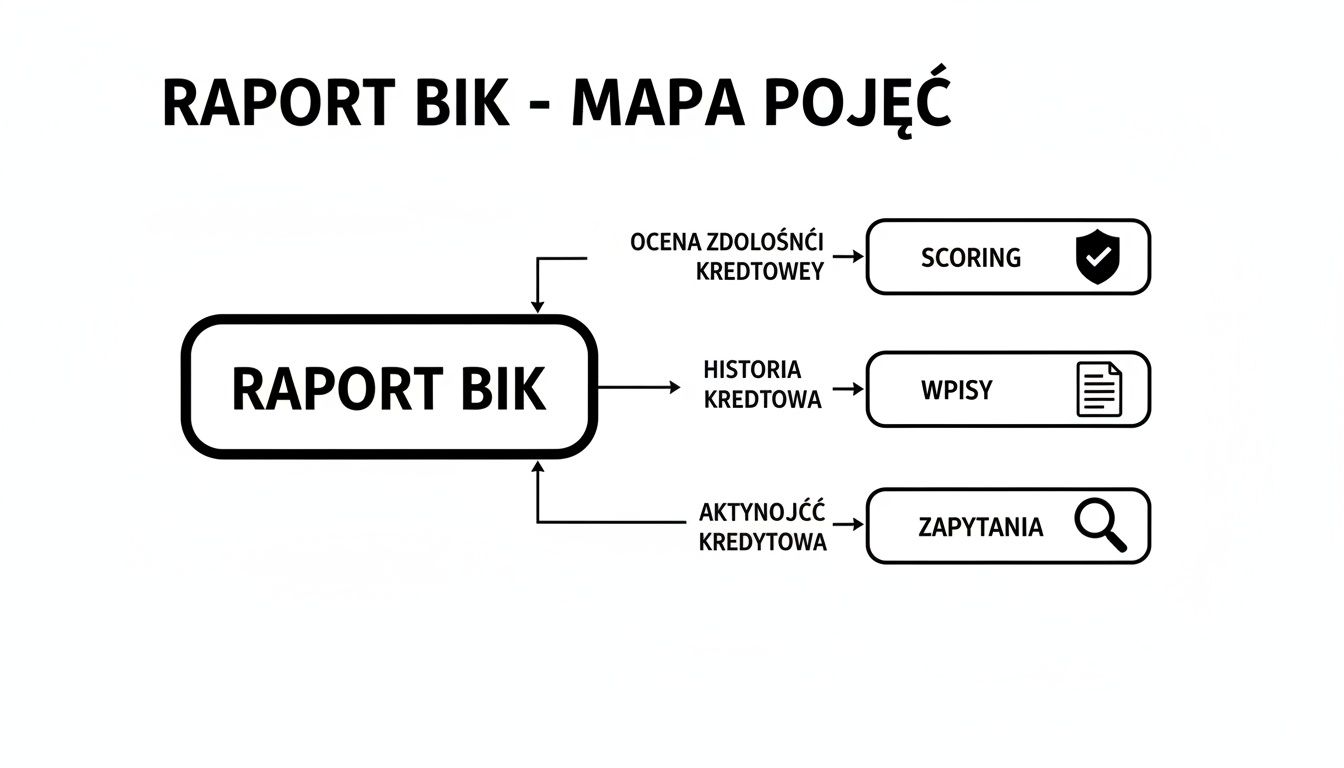 Mapa pojęć Raportu BIK, ilustrująca zdolność kredytową, historię i zapytania dotyczące aktywności kredytowej.