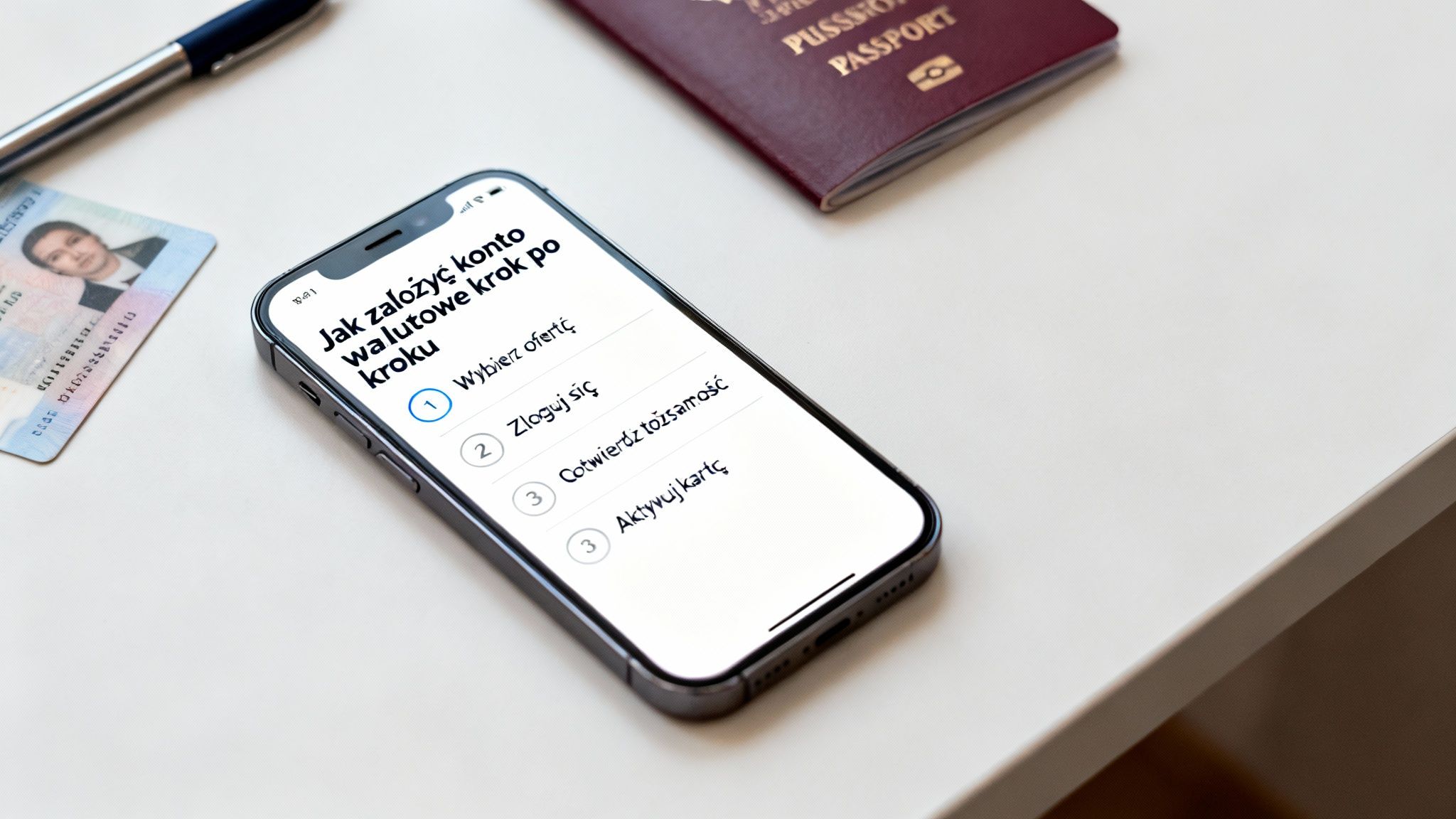 Telefon z aplikacją do zakładania konta walutowego, paszport, dowód osobisty i długopis na białym blacie.