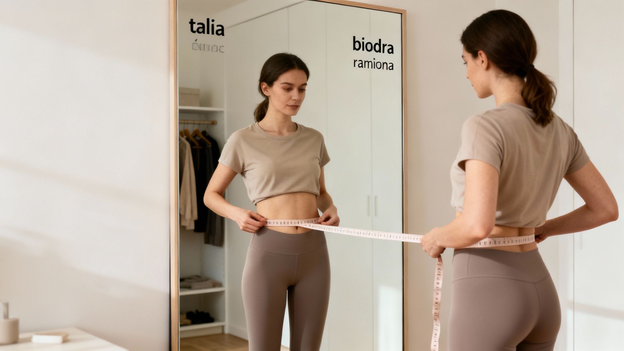 Kobieta mierzy swoją talię centymetrem krawieckim przed lustrem w sypialni, sprawdzając wymiary figury.