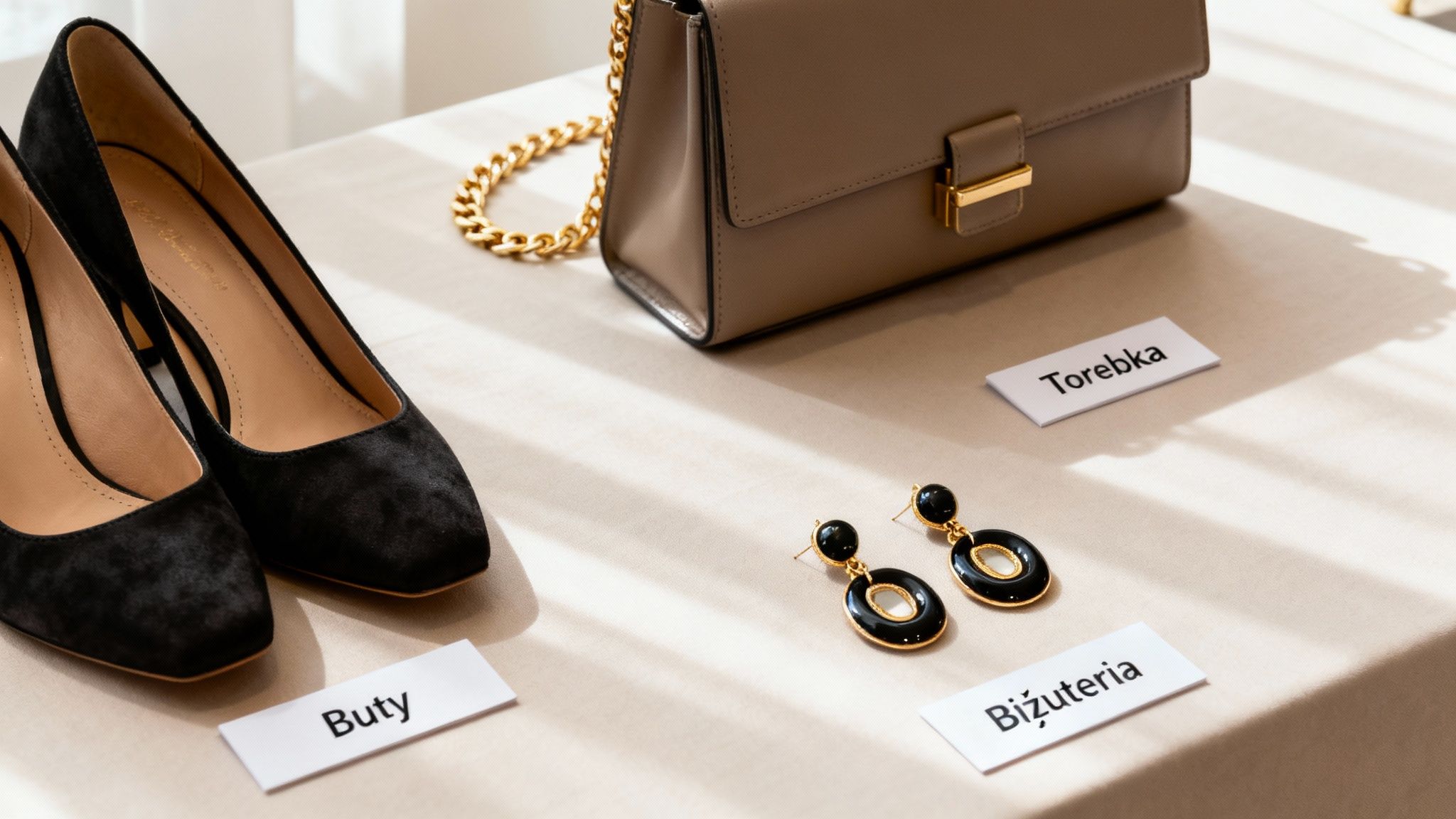 Czarne zamszowe szpilki, beżowa torebka na łańcuszku i elegancka biżuteria na jasnym tle.