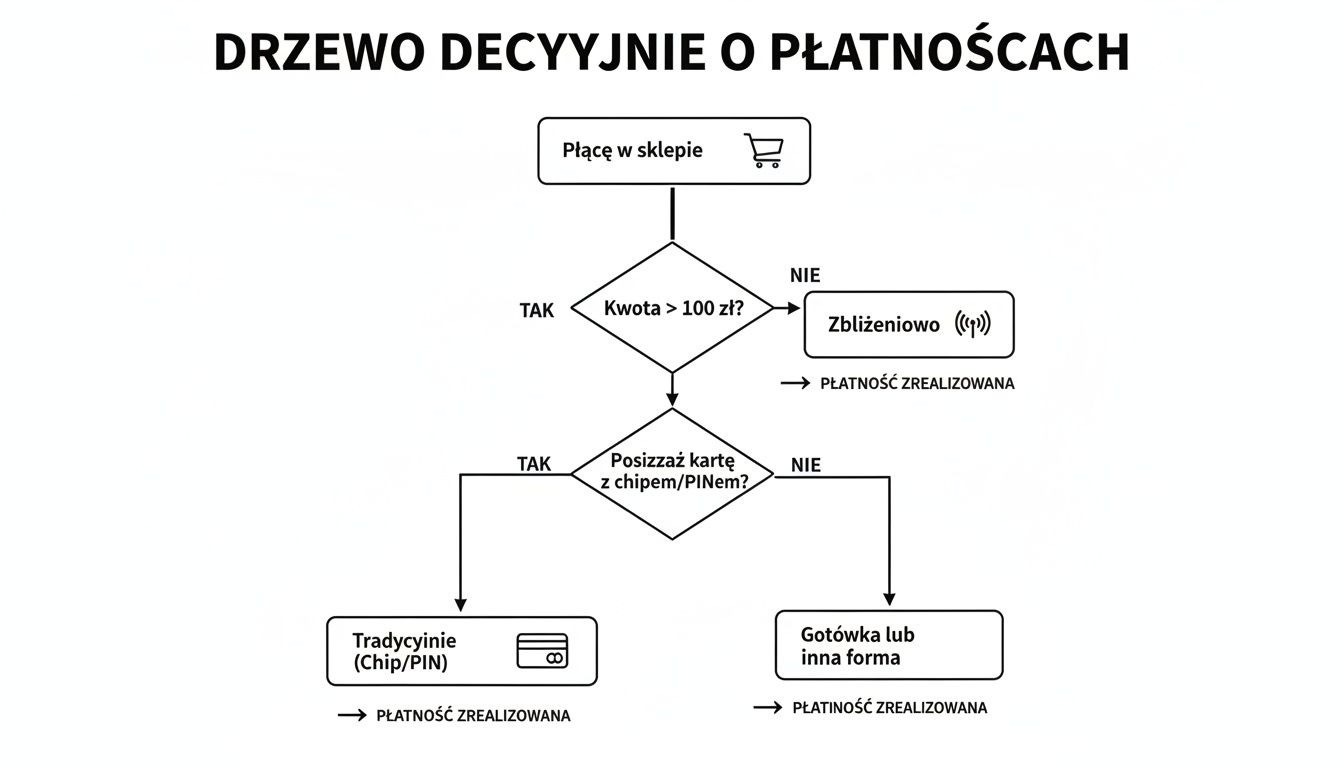 Drzewo decyzyjne analizujące metody płatności w sklepie: zbliżeniowe, chip/PIN, gotówka, w zależności od kwoty.