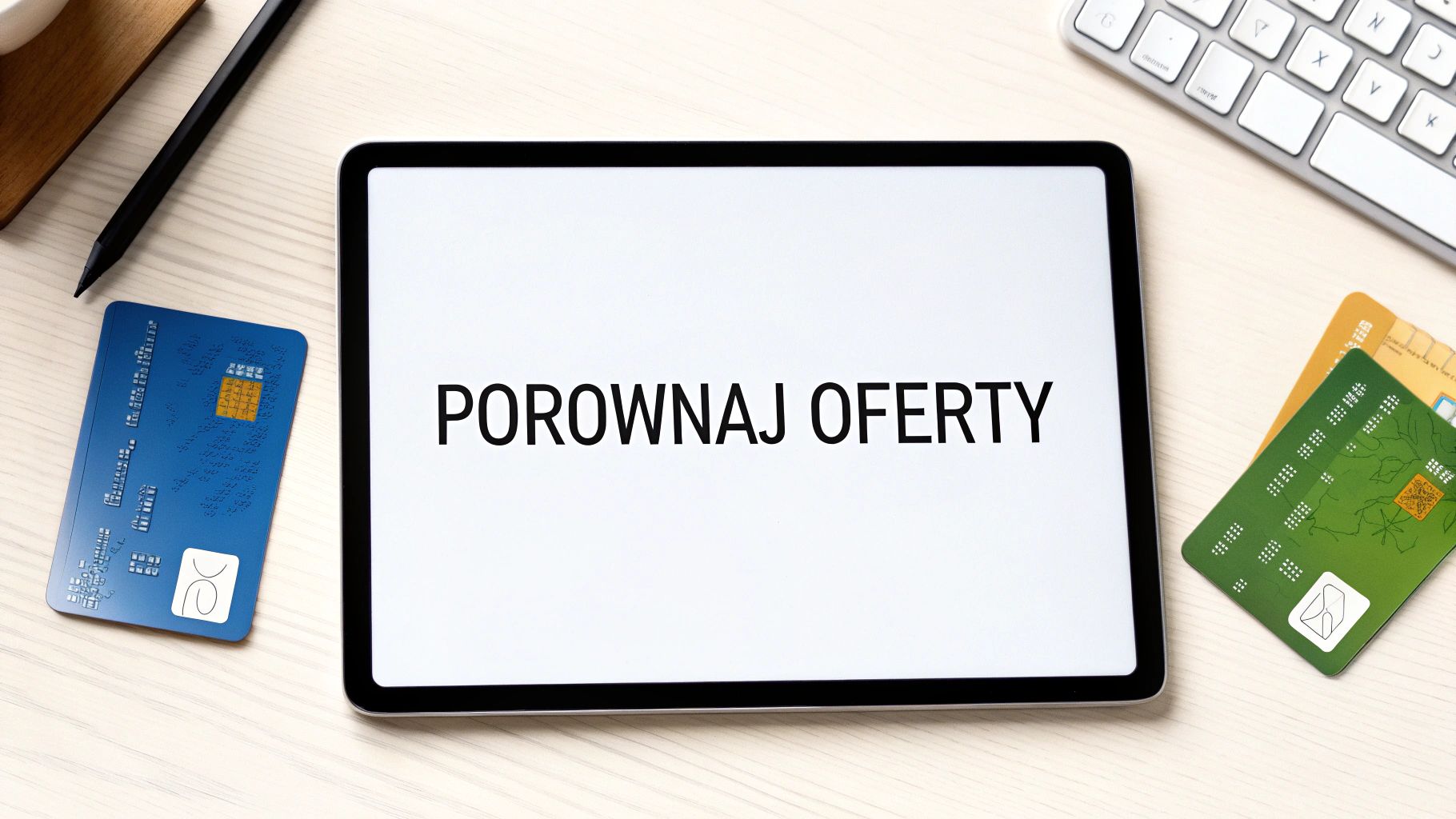 Tablet z napisem Porównaj Oferty, otoczony kartami płatniczymi, klawiaturą i piórem na drewnianym blacie.