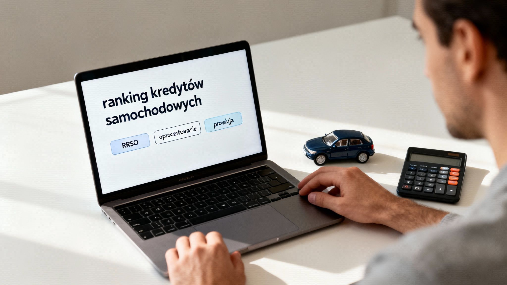 Aktualny ranking kredytów samochodowych, który pomoże ci wybrać najlepszą ofertę 1 - Scori Mężczyzna przeglądający ranking kredytów samochodowych na laptopie z kalkulatorem i modelem auta na biurku.