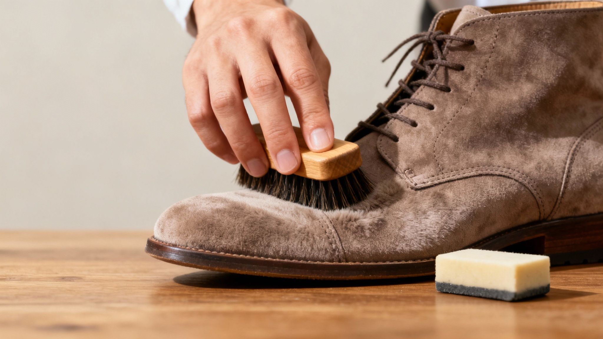 Osoba czyści zamszowy but szczotką, z blokiem do czyszczenia w pobliżu na drewnianym stole.