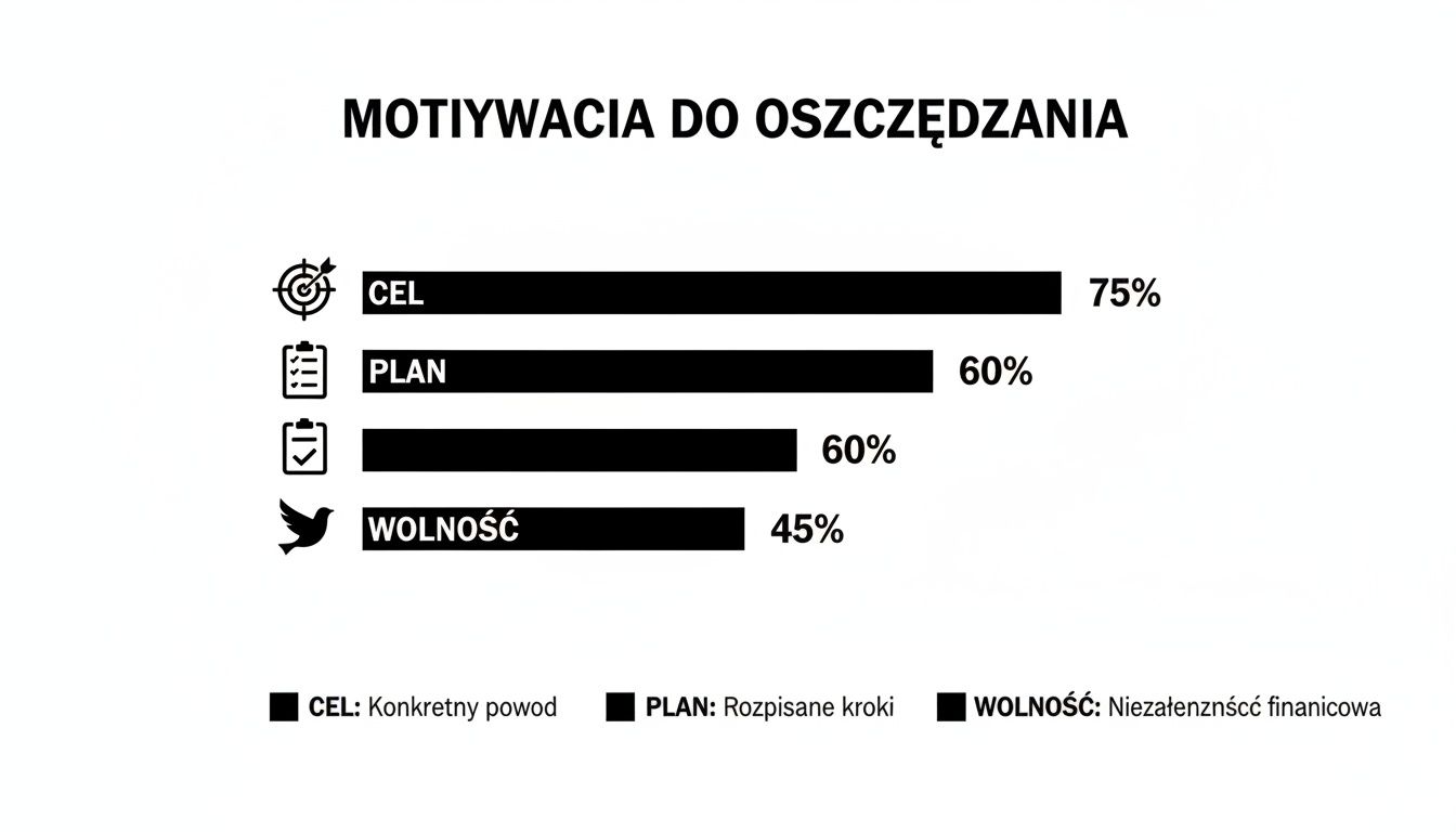 Wykres słupkowy prezentujący czynniki motywujące do oszczędzania: cel, plan i wolność, z podanymi wartościami procentowymi.