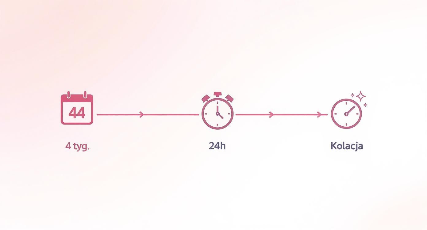 Oś czasu przedstawiająca plan przygotowań: kalendarz (4 tygodnie), stoper (24 godziny), zegar (kolacja).