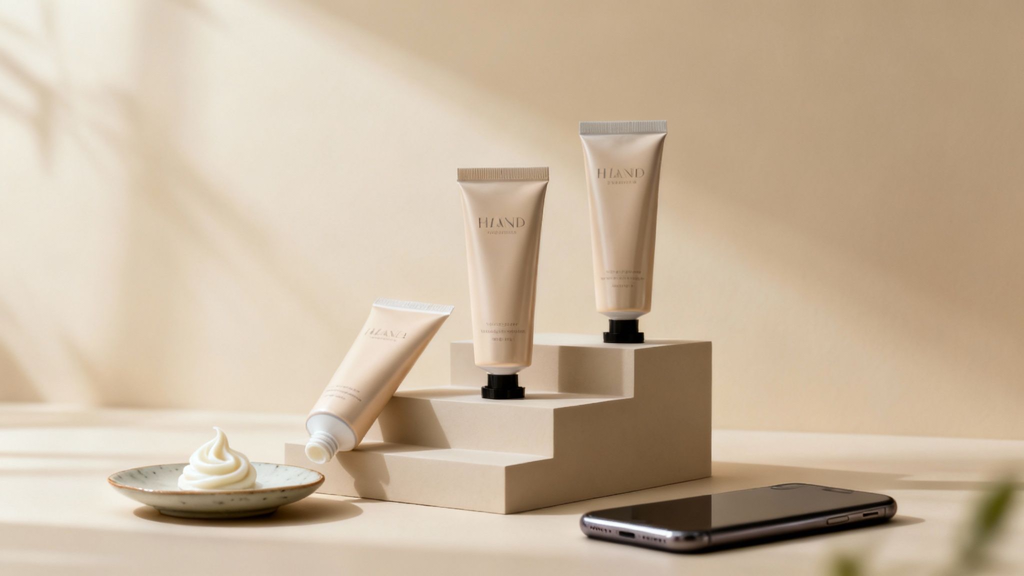 Trzy beżowe tubki kremu do rąk, jedna z kremem na talerzyku, ułożone na beżowych schodkach obok smartfona.