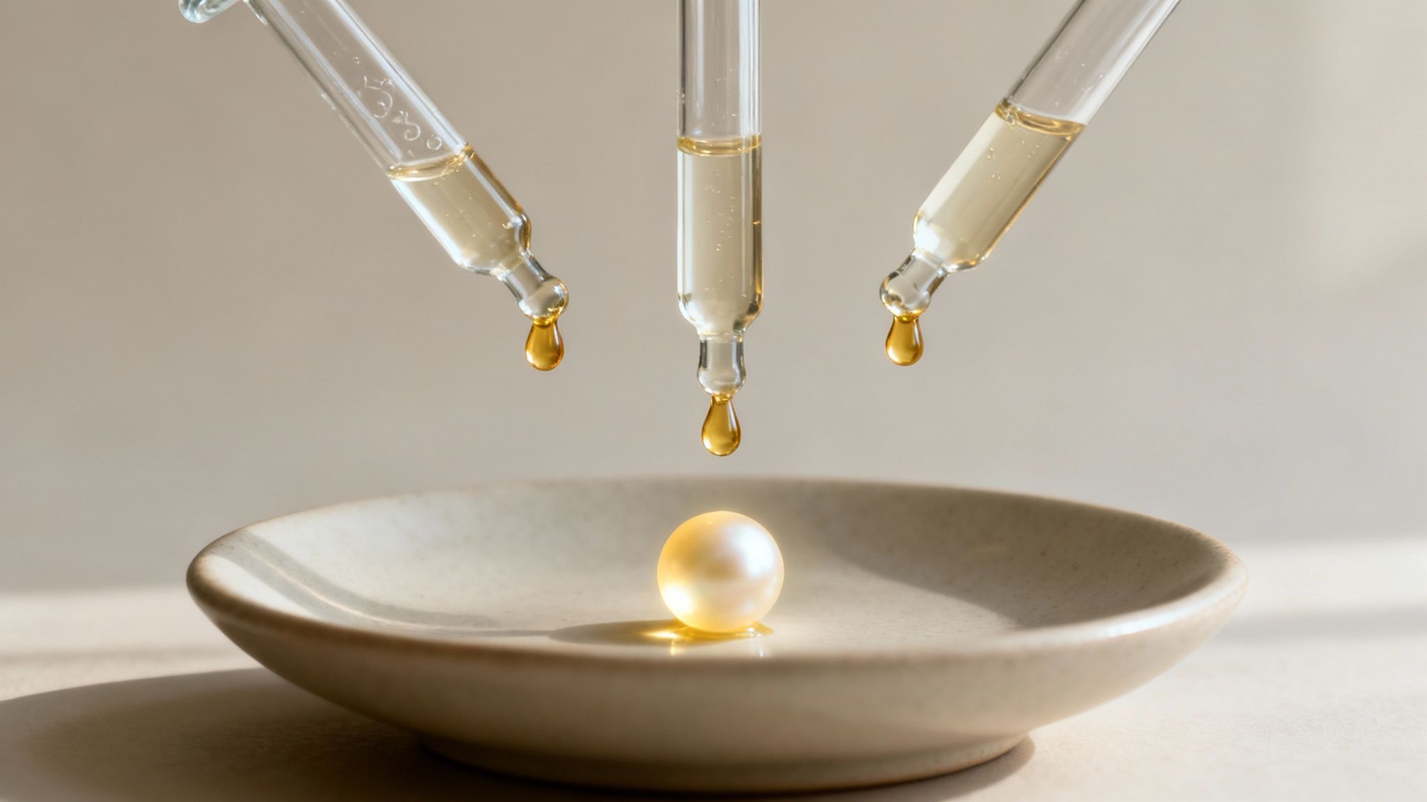 Złote krople serum z pipet spływające na lśniącą perłę w ceramicznej misce.