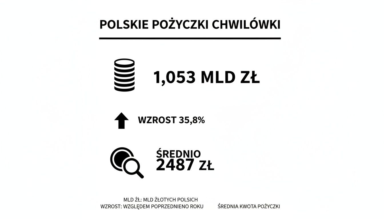 Porównanie chwilówek online – jak znaleźć najlepszą ofertę? 1 - Scori Infografika przedstawia statystyki polskich pożyczek chwilówek: 1,053 mld zł, wzrost o 35,8% i średnią kwotę 2487 zł.