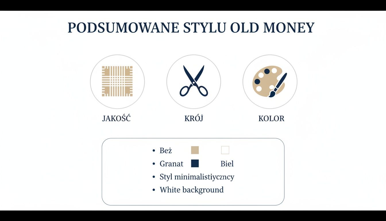 Wizualne podsumowanie stylu Old Money, podkreślające jakość, krój, kolory beżowy, granatowy i biały oraz minimalizm.