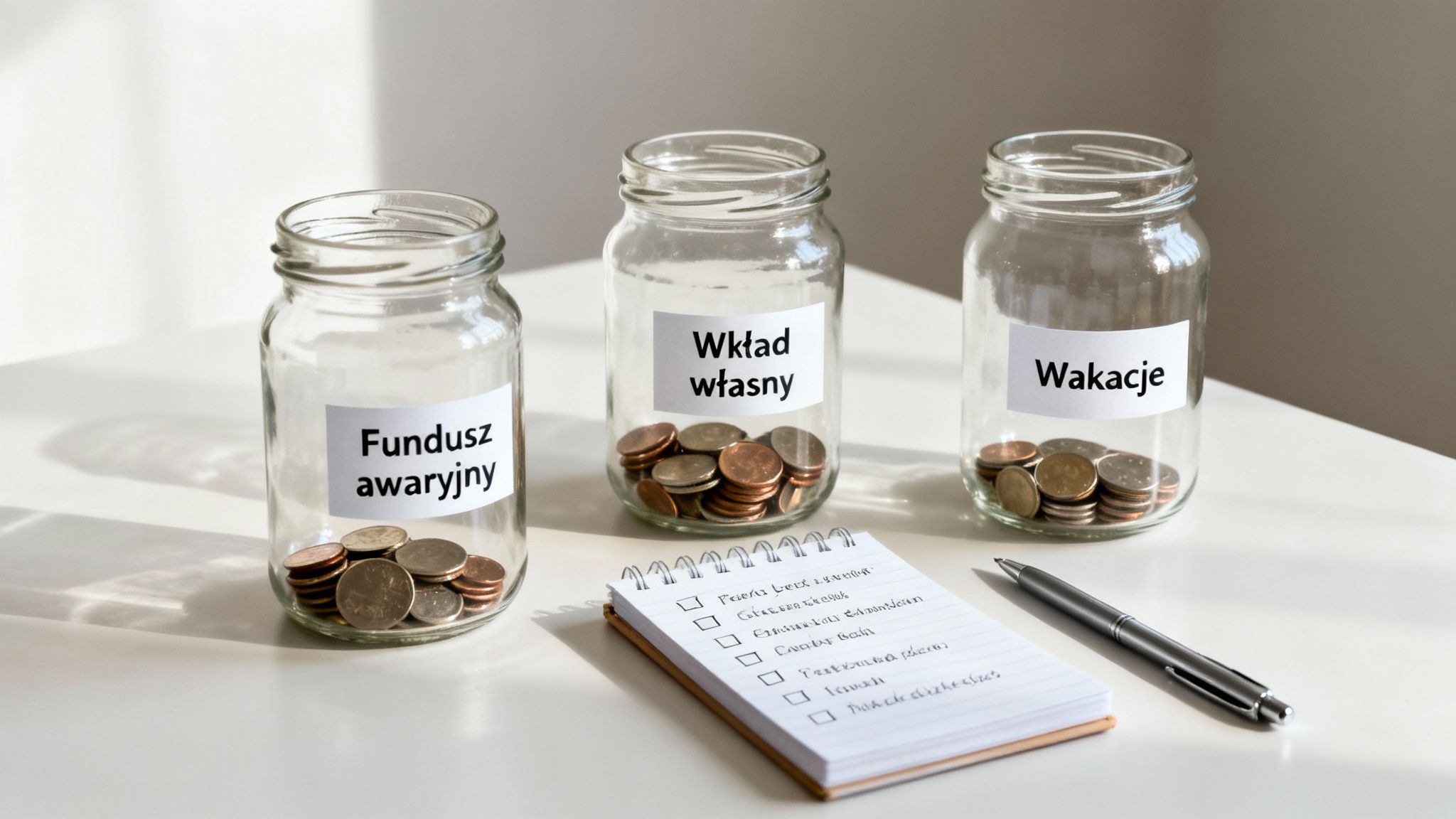 Trzy szklane słoiki z monetami, etykietami: Fundusz awaryjny, Wkład własny, Wakacje, obok notatnik i długopis.