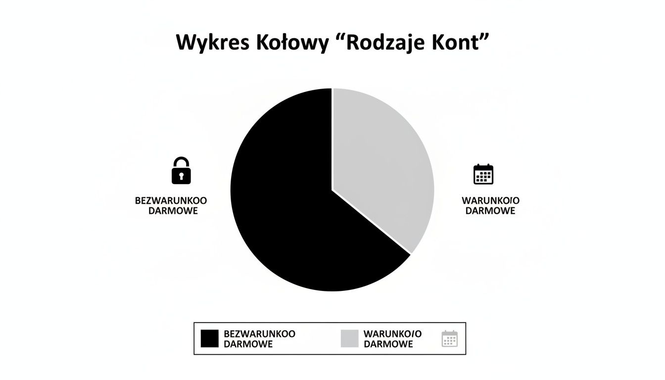 Wykres kołowy przedstawiający podział kont bankowych na bezwarunkowo darmowe i warunkowo darmowe.