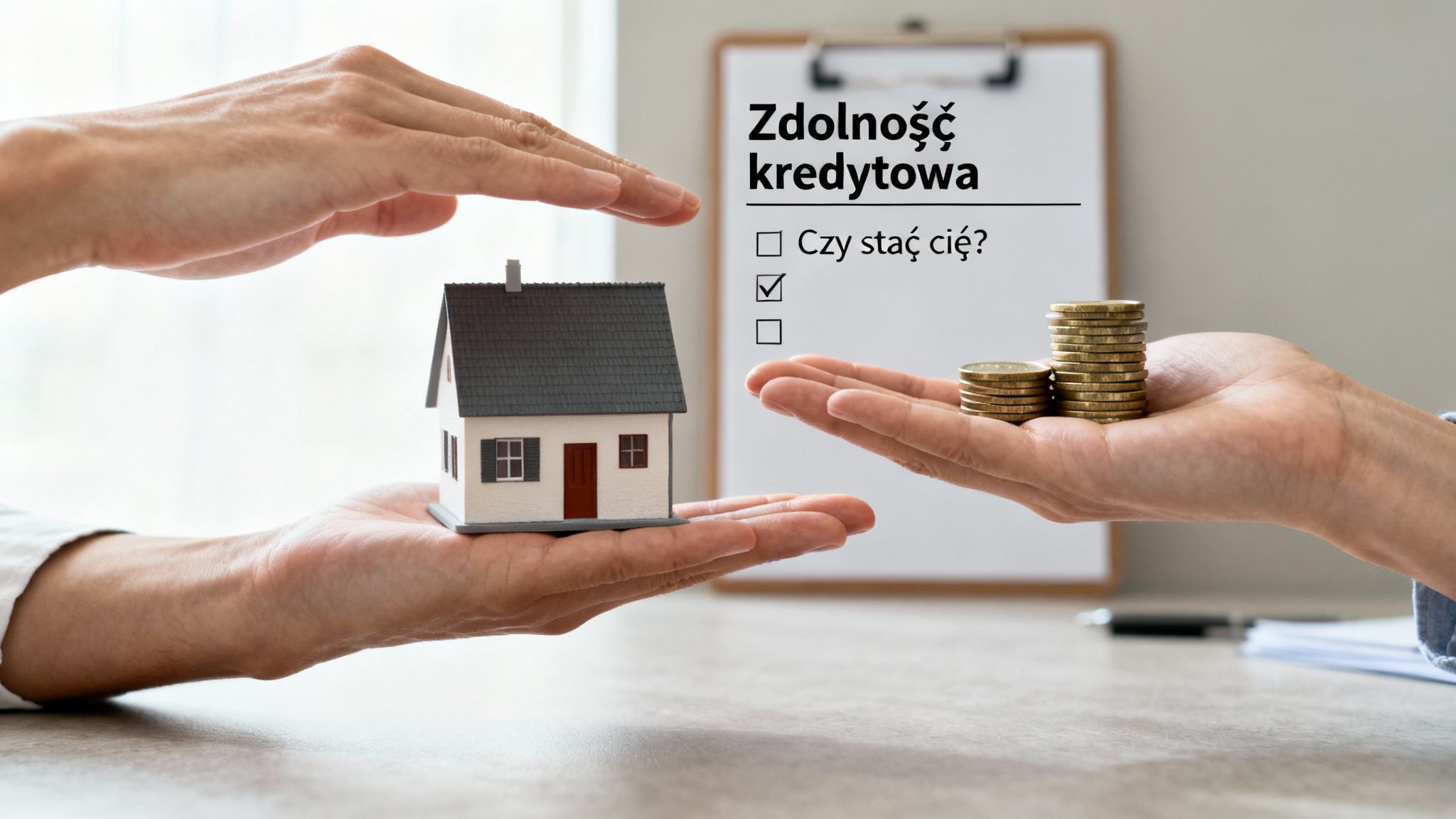 Ręce trzymające model domu i monety, symbolizujące zdolność kredytową i finansowanie nieruchomości.