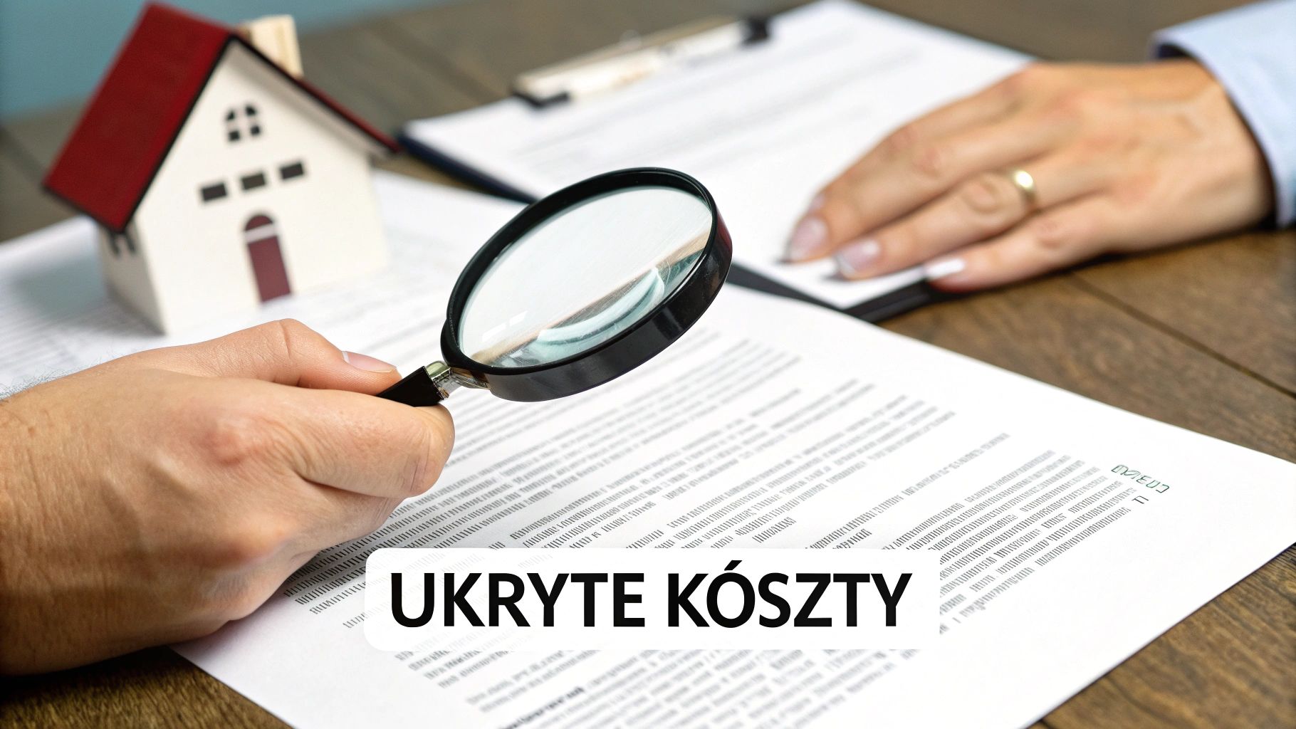 Mężczyzna z lupą analizuje dokumenty finansowe, obok miniatura domu. W tle kobieta i tekst „UKRYTE KOSZTY”.