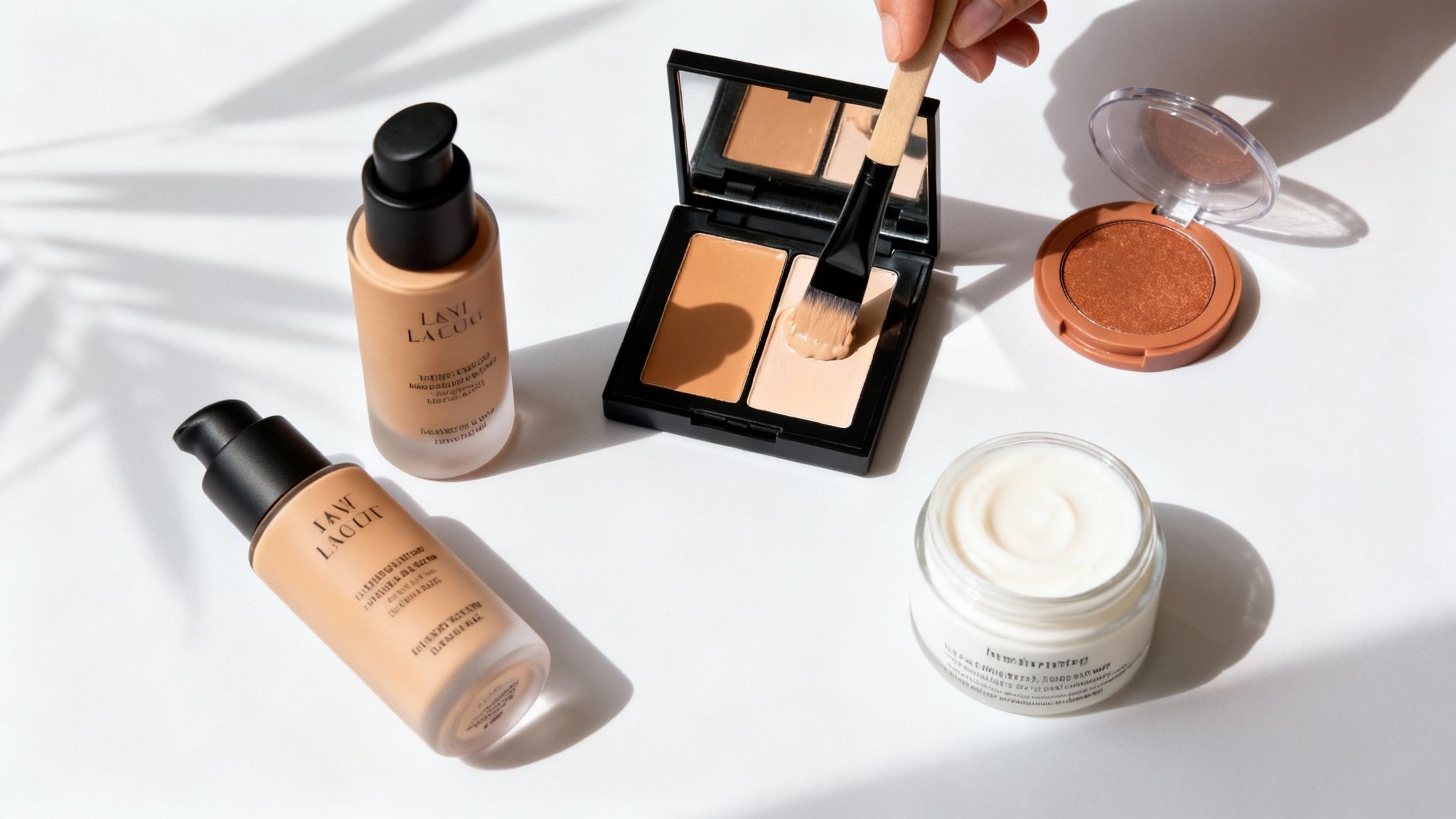 Różne kosmetyki do makijażu na białym tle, w tym podkłady, korektor i krem, z pędzlem nakładającym produkt.