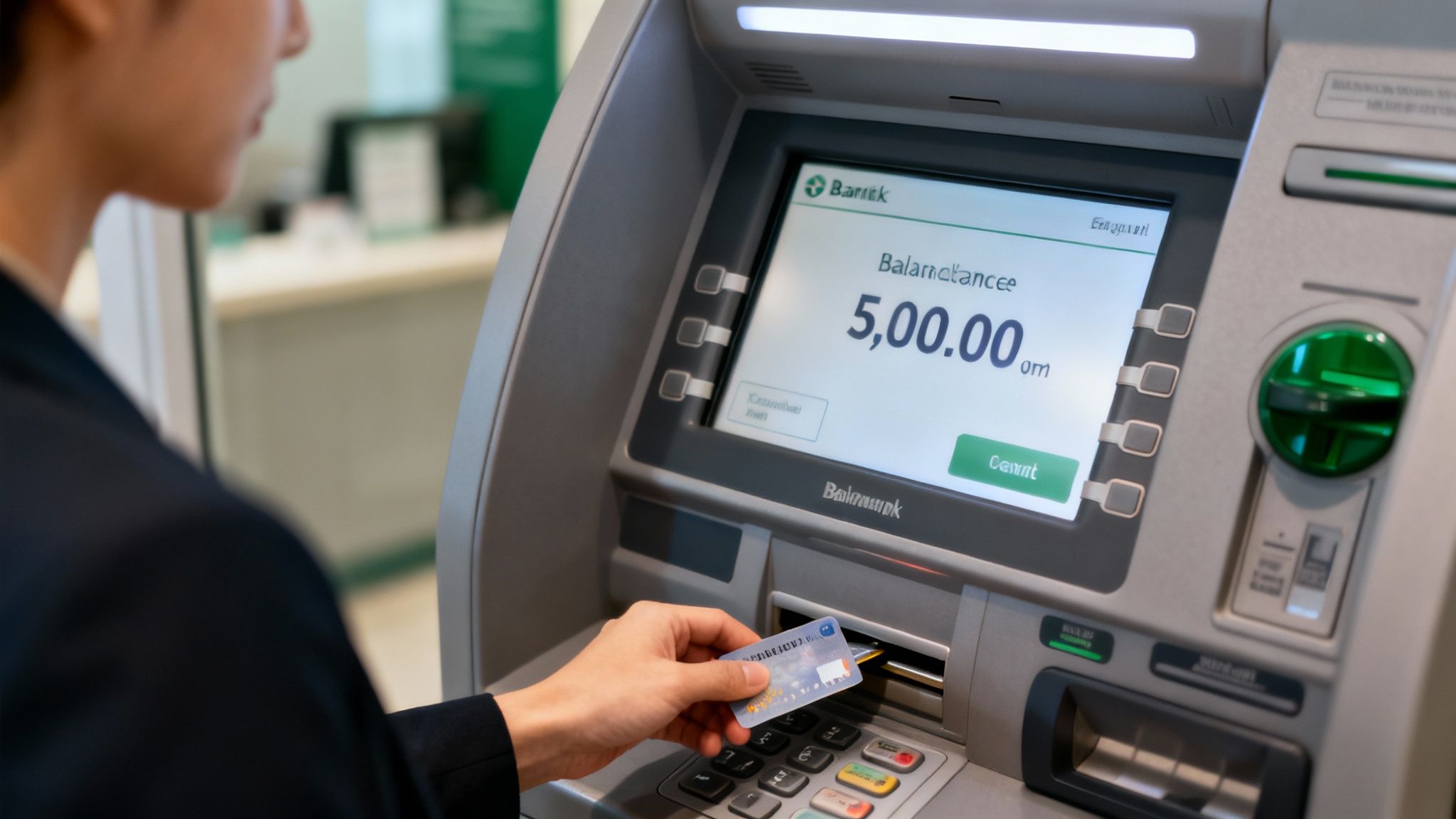Młoda osoba wkłada kartę płatniczą do bankomatu, aby sprawdzić stan konta, z widocznym saldem na ekranie.