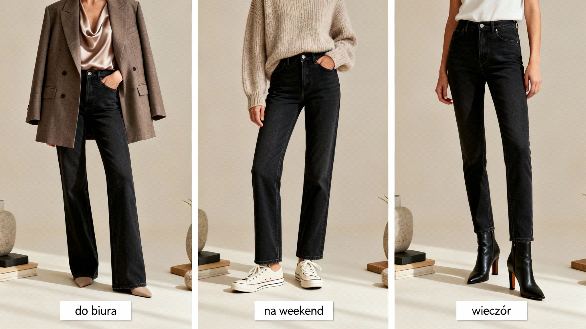 Kobieta prezentuje trzy stylizacje z czarnymi jeansami: elegancką do biura, casualową na weekend i wieczorową.