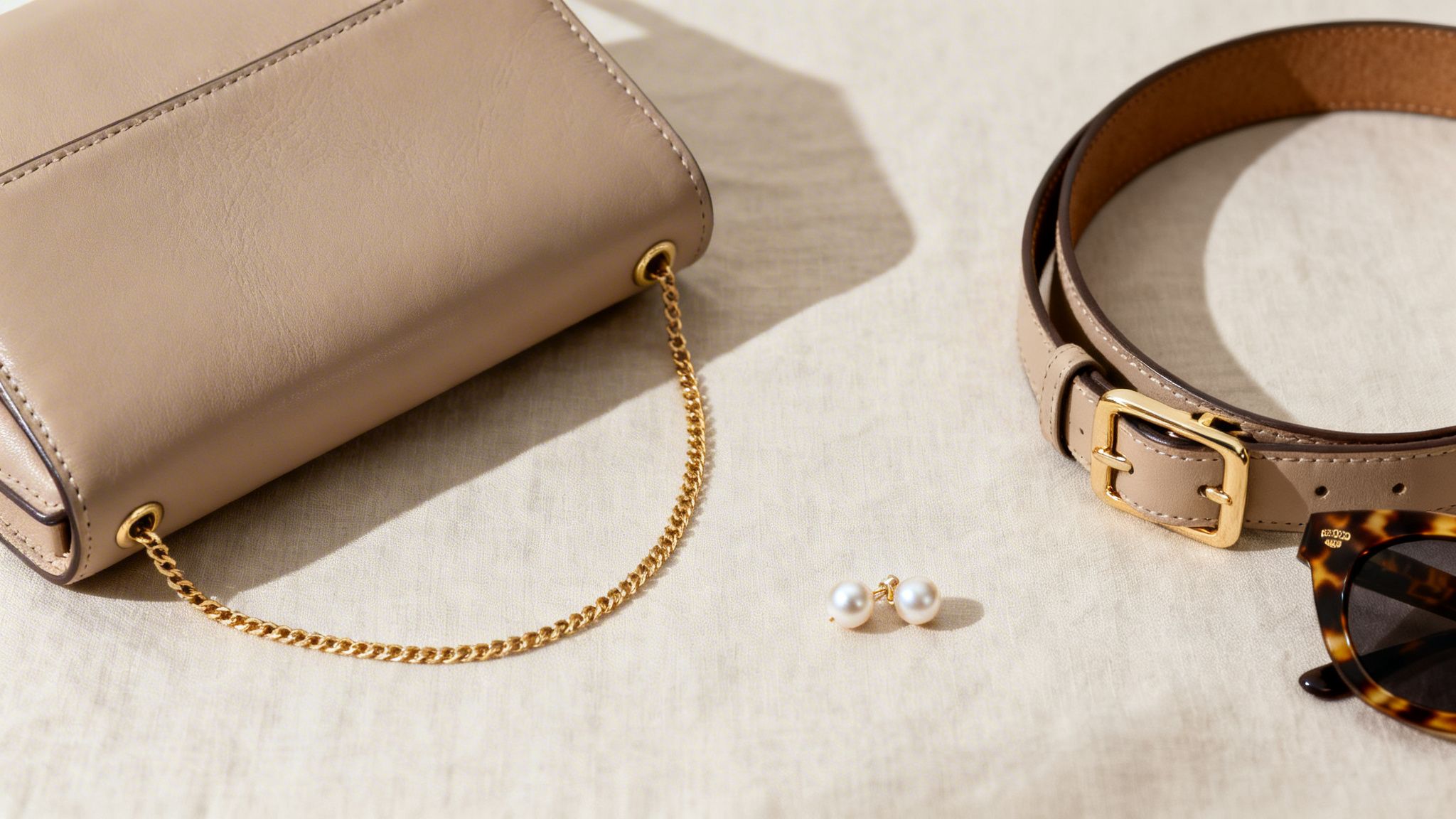 Beżowa torebka z łańcuszkiem, skórzany pasek, perłowe kolczyki i okulary przeciwsłoneczne w stylu old money.