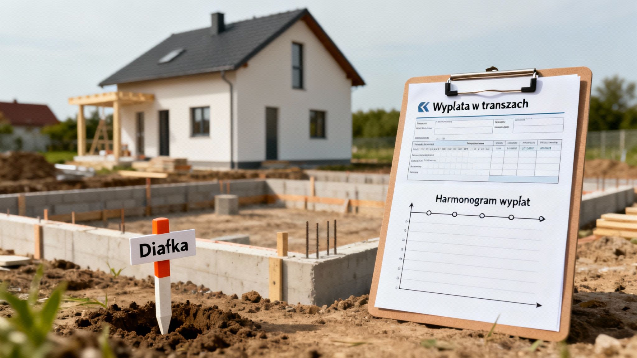 Budowa domu jednorodzinnego z widocznymi fundamentami, znakiem "Diafka" i harmonogramem wypłat kredytu hipotecznego.