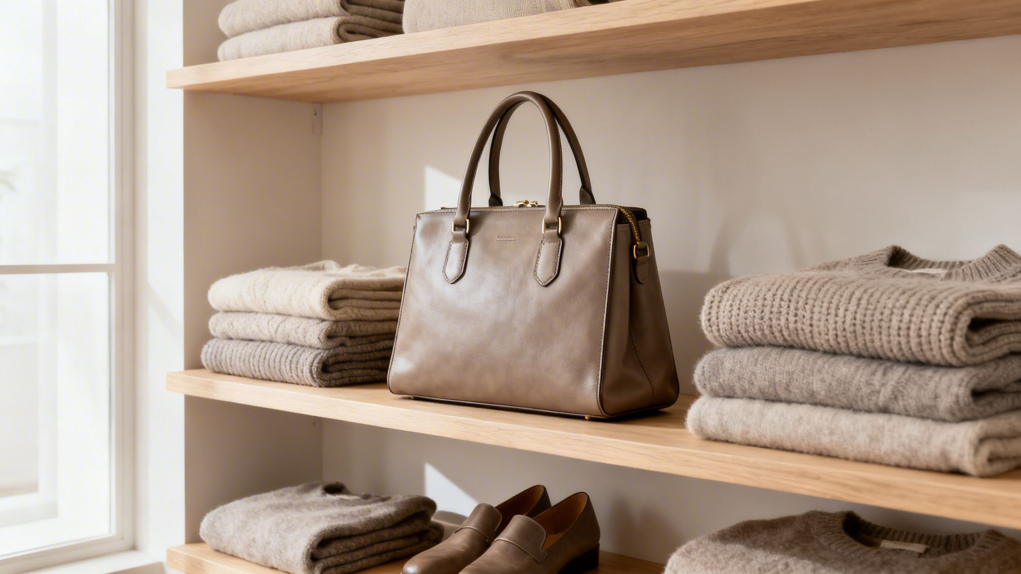 Elegancka brązowa skórzana torebka damska na drewnianej półce, otoczona stosami beżowych, złożonych swetrów. Modna garderoba.