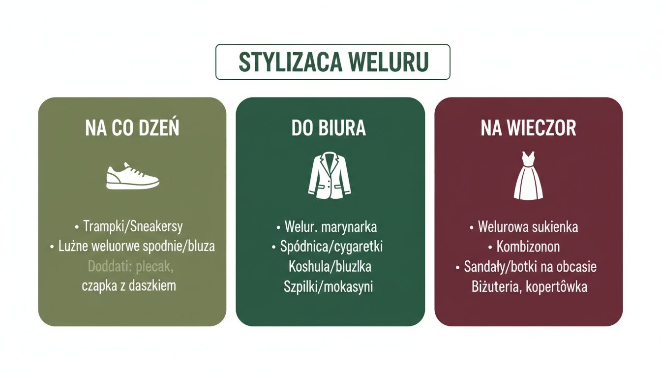 Grafika przedstawia trzy stylizacje welurowe: na co dzień (trampki, luźne spodnie), do biura (marynarka, spódnica) i na wieczór (sukienka, kombinezon).