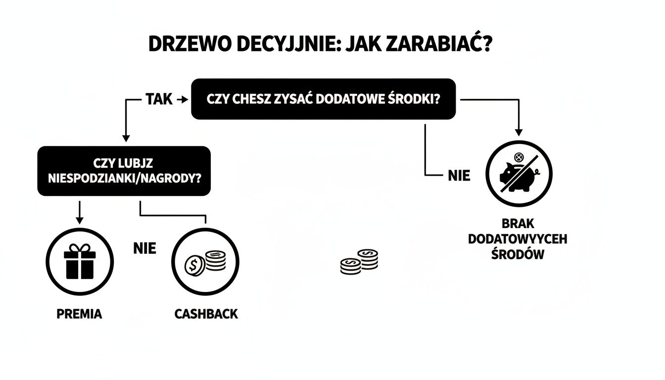 Diagram drzewa decyzyjnego pokazujący, jak zarabiać dodatkowe środki, wybierając między premią a cashbackiem.