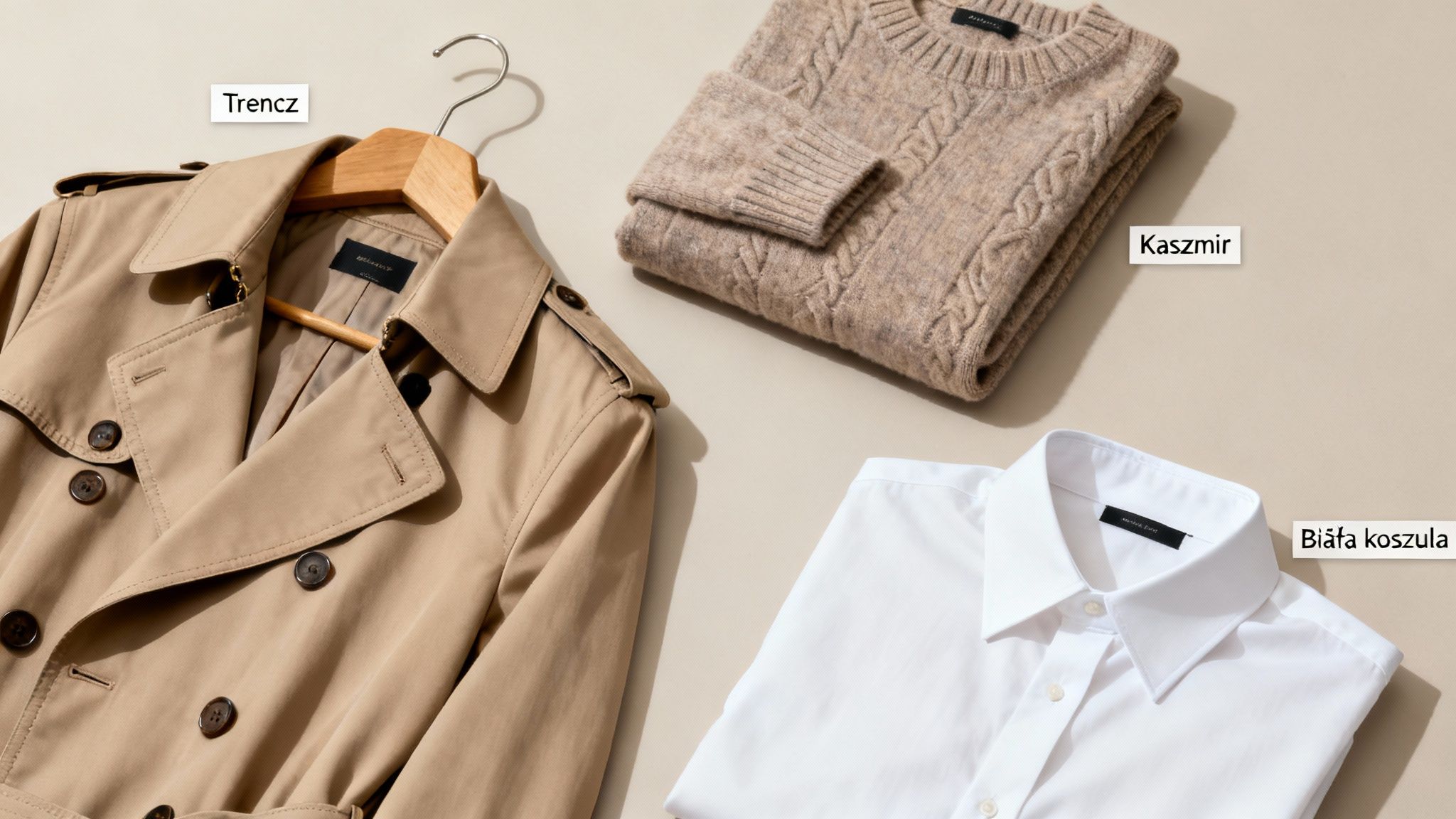 Trzy eleganckie elementy garderoby: beżowy trencz na wieszaku, złożony sweter kaszmirowy i biała koszula.