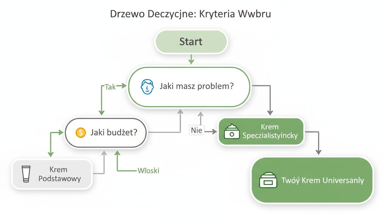 Schemat drzewa decyzyjnego przedstawiający kryteria wyboru kremu, prowadzący od problemu do budżetu i rekomendacji produktu.
