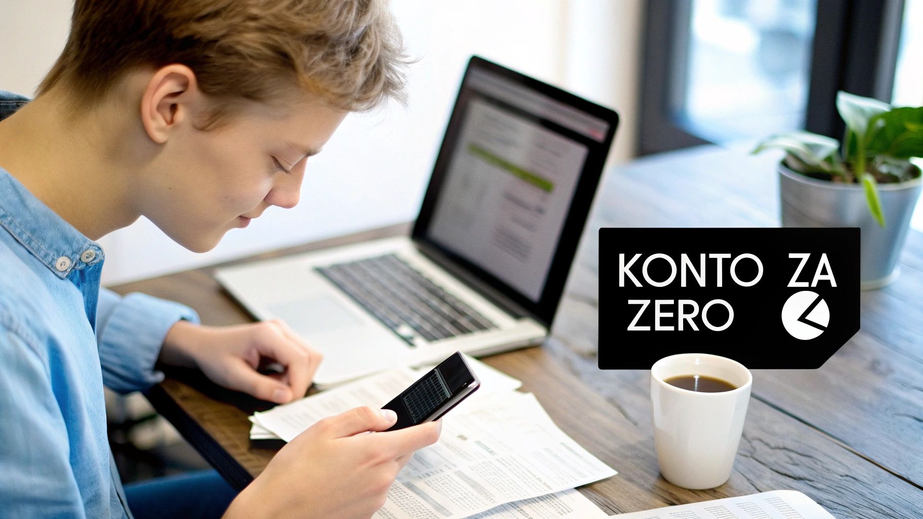 Młoda osoba używająca smartfona i przeglądająca dokumenty na drewnianym biurku z laptopem i kawą, obok widnieje napis „KONTO ZA ZERO”.