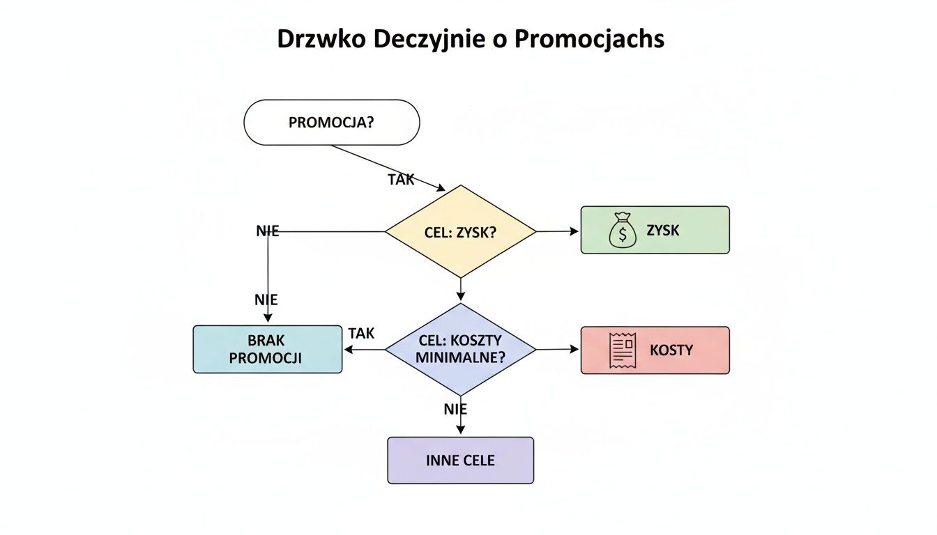 Drzewko decyzyjne przedstawiające ścieżki wyboru dotyczące promocji, zysku, kosztów i innych celów.