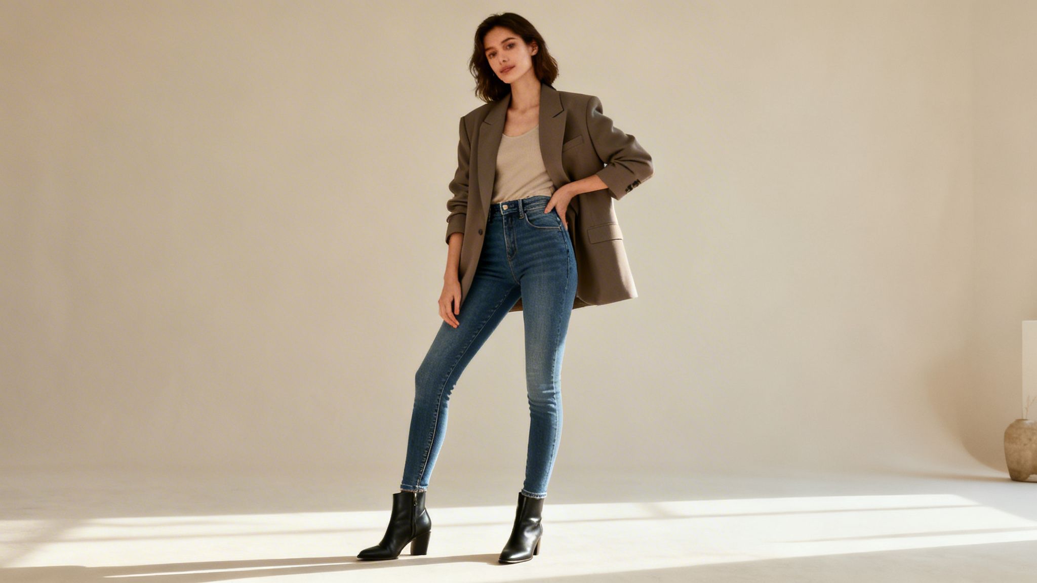 Modelka w stylowych jeansach, jasnym topie i brązowej marynarce, stojąca w naturalnym świetle.