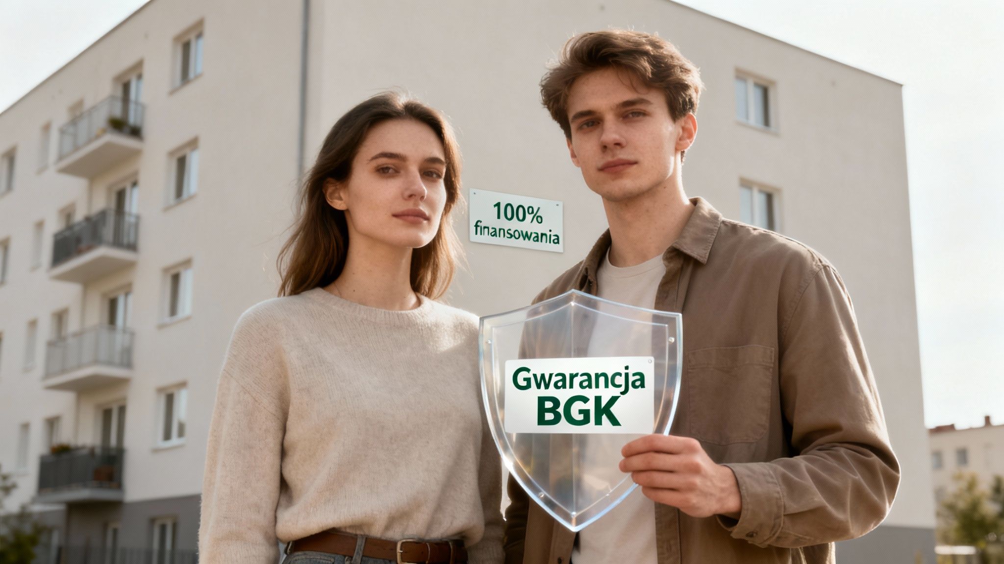 Młoda para przed nowym blokiem mieszkalnym, trzymająca tarczę z napisem 'Gwarancja BGK' i tabliczkę '100% finansowania'.