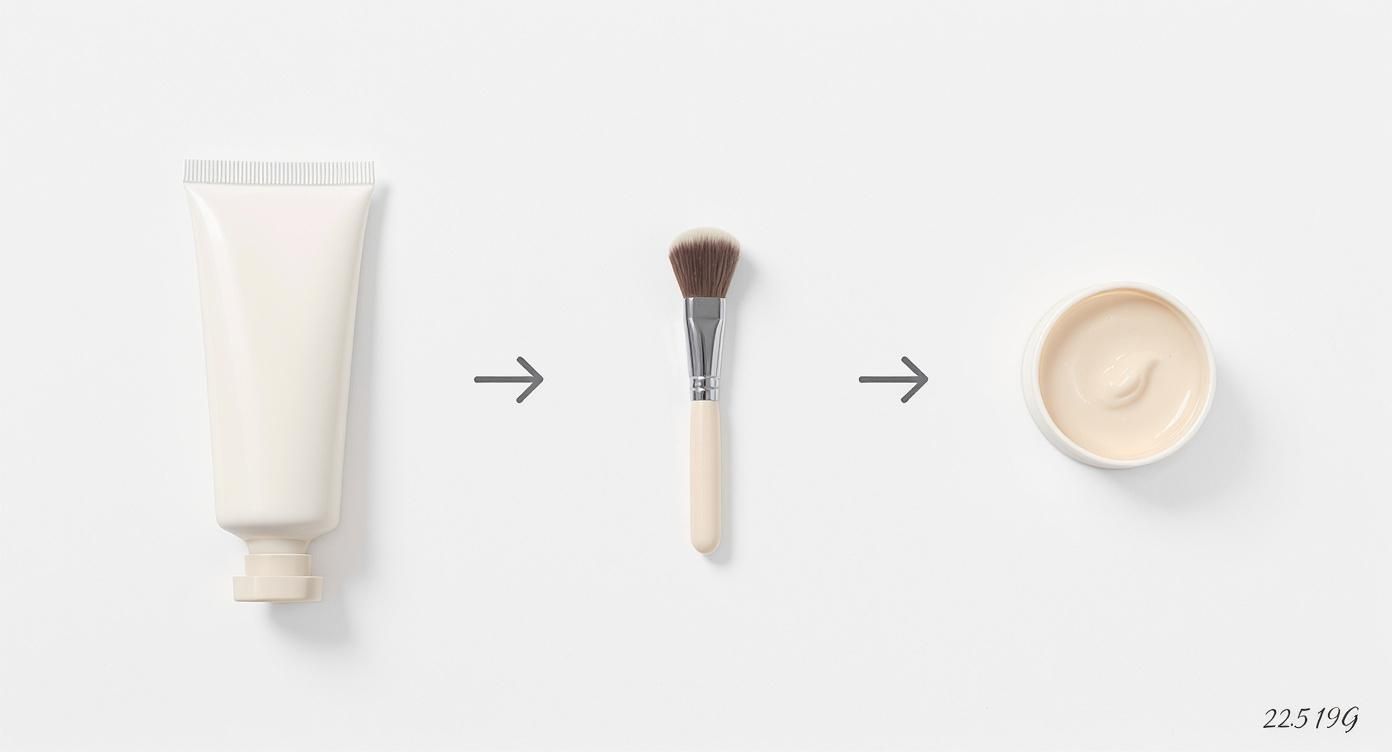 Tubka kremu, pędzel do makijażu i otwarte naczynie z kremem. Ilustracja produktów do makijażu.