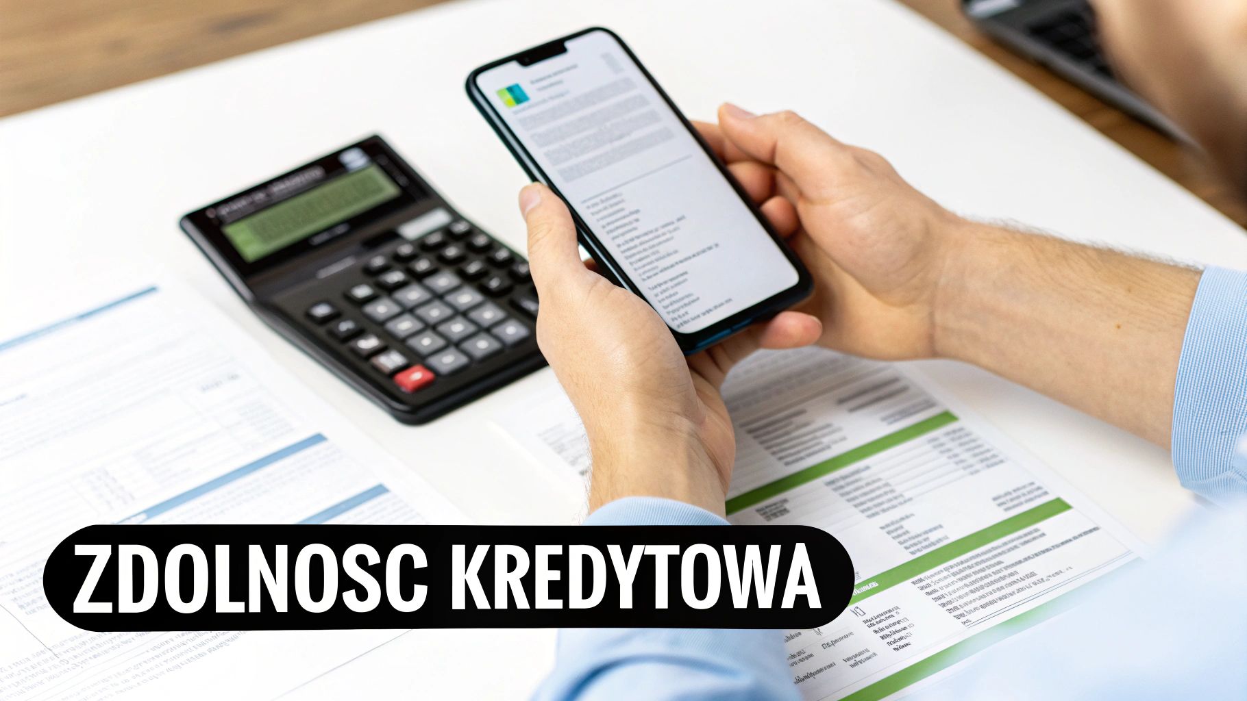 Osoba oblicza zdolność kredytową, trzymając smartfon i korzystając z kalkulatora na biurku.