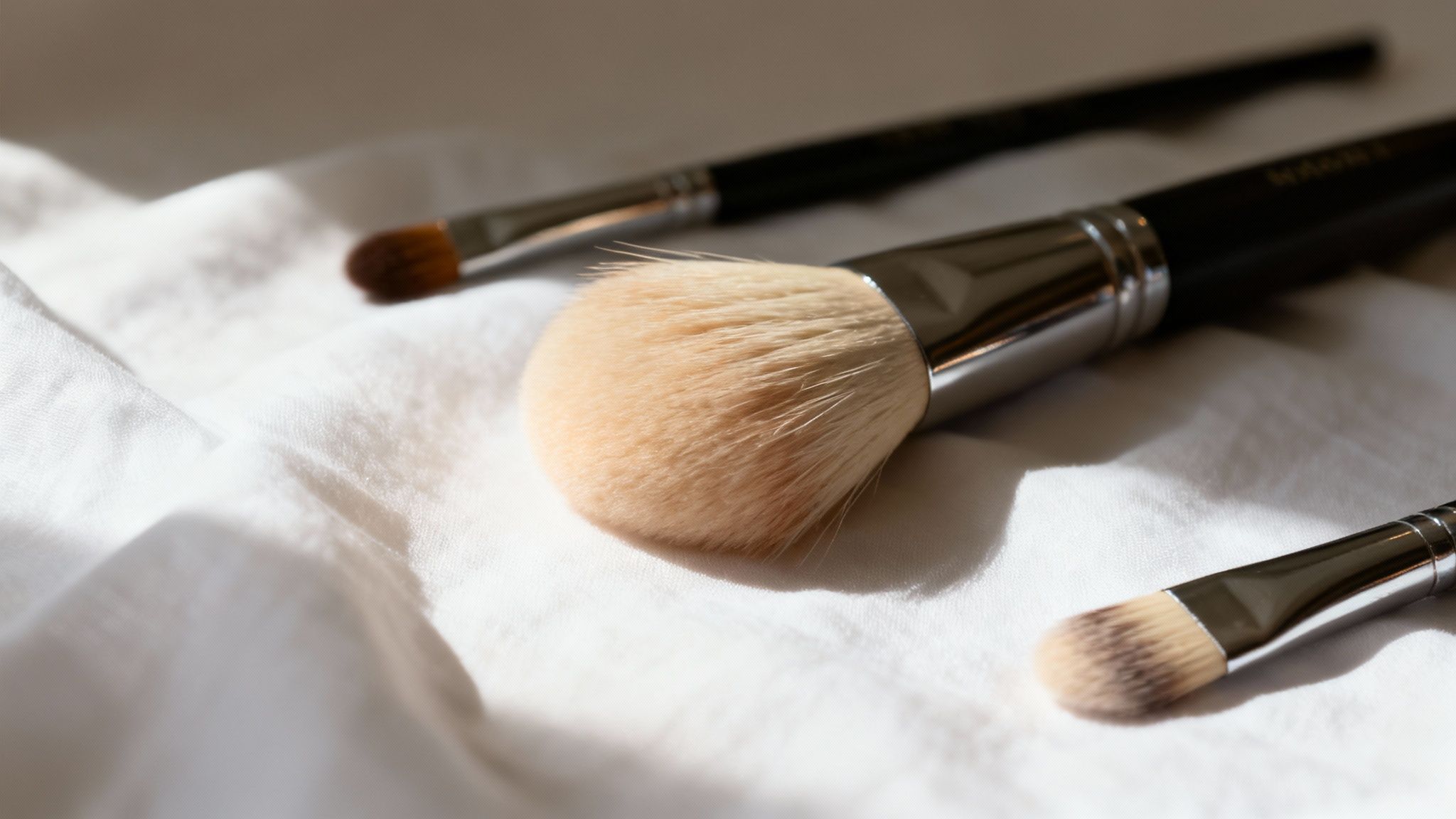 Trzy pędzle do makijażu leżące na miękkiej, białej tkaninie, oświetlone naturalnym światłem.