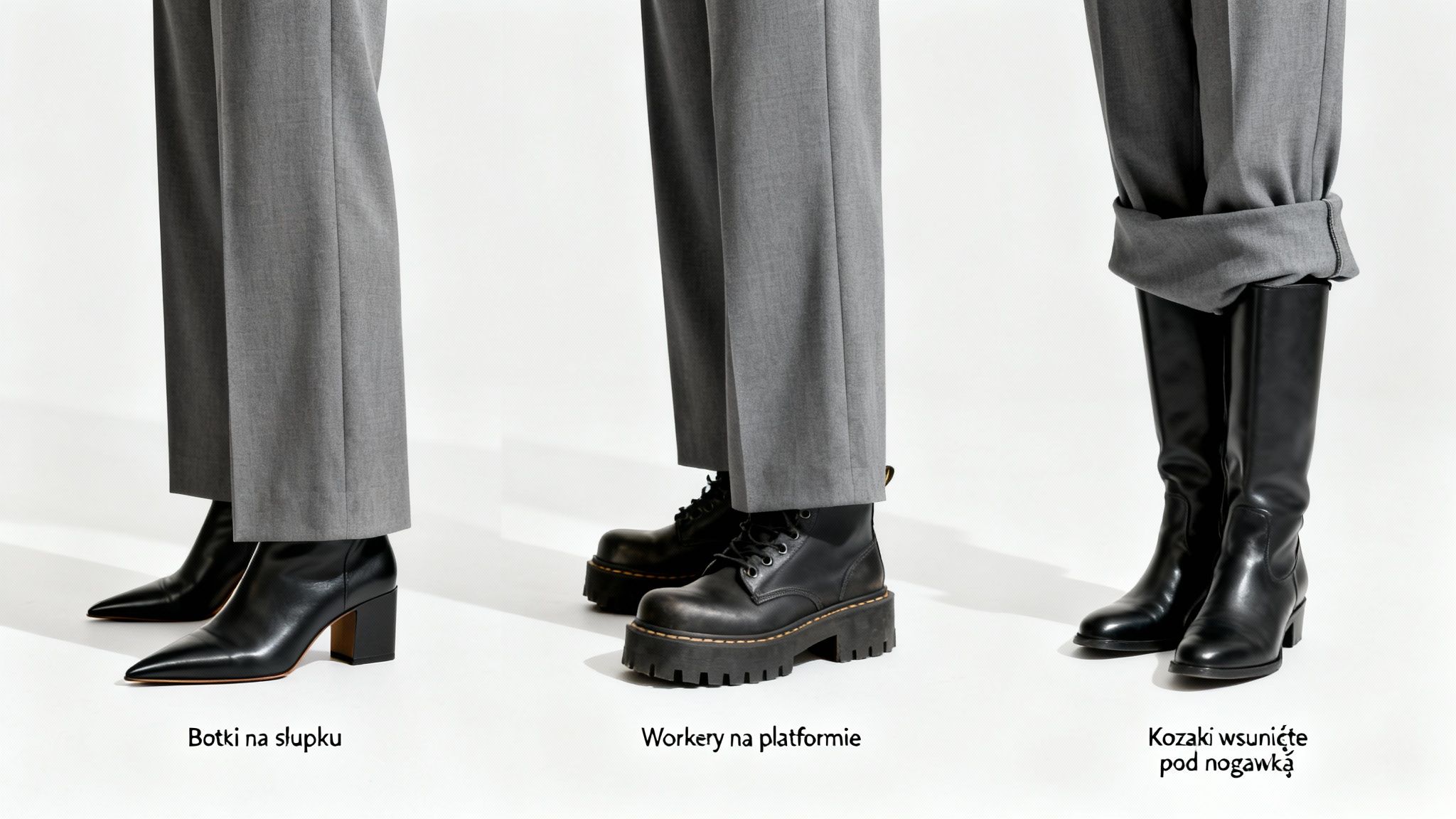 Trzy stylizacje szerokich szarych spodni z różnymi czarnymi butami: botki, workery i kozaki.