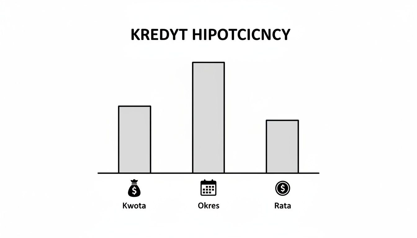Wykres słupkowy prezentujący trzy zmienne kredytu hipotecznego: kwotę, okres spłaty i wysokość raty.