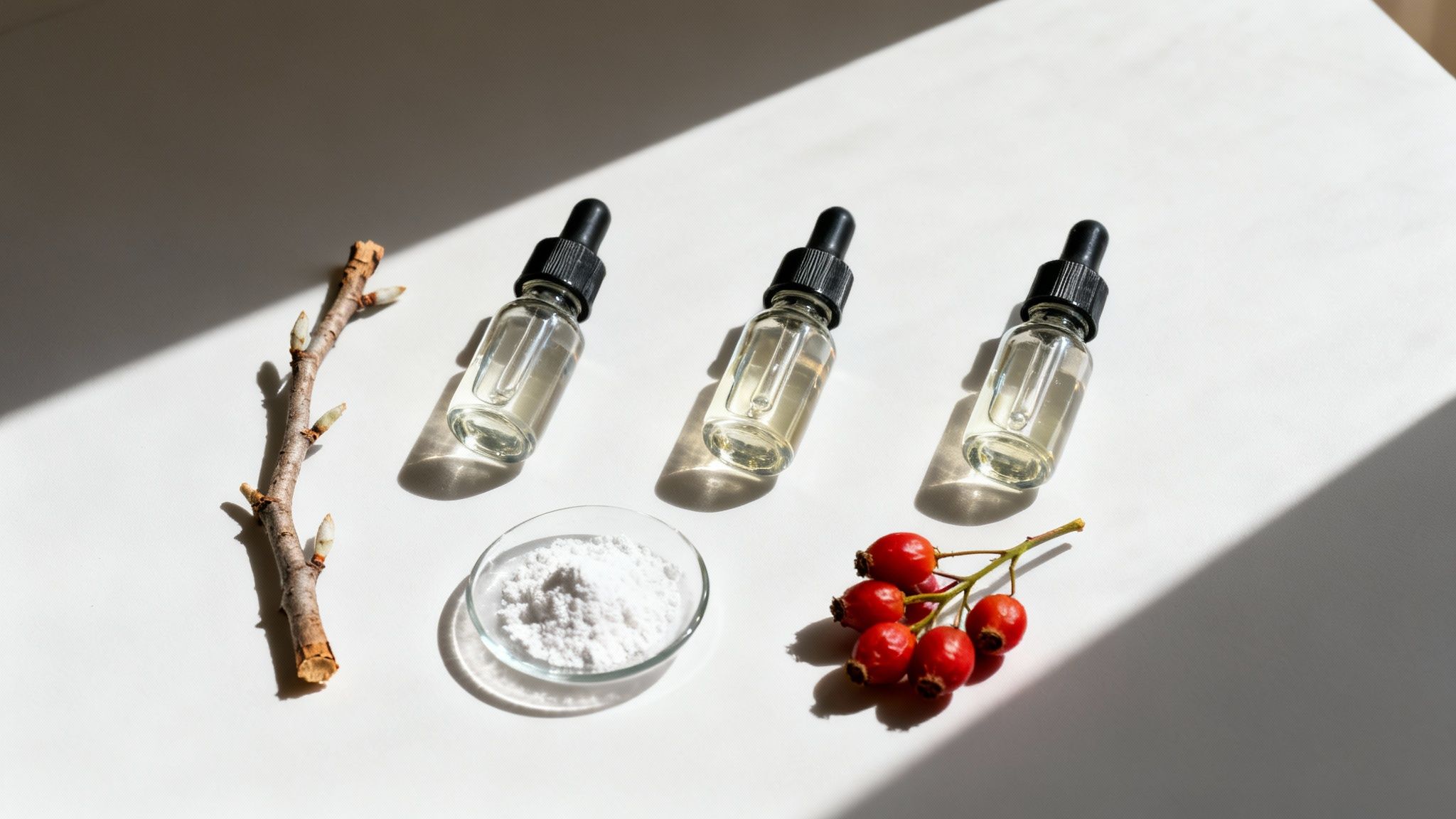 Trzy butelki serum, dzika róża, proszek i gałązka na białym tle. Składniki naturalnej pielęgnacji.