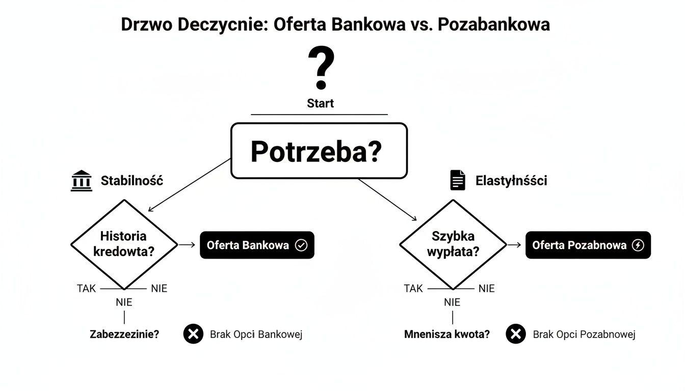 Drzewo decyzyjne porównujące oferty bankowe i pozabankowe, uwzględniające stabilność, elastyczność, historię kredytową i zabezpieczenia.