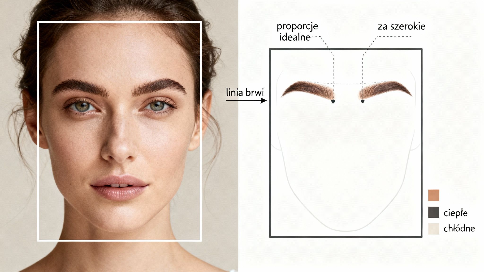 Portret kobiety z kwadratową ramką, obok diagram z idealnymi proporcjami brwi i paletą kolorów.