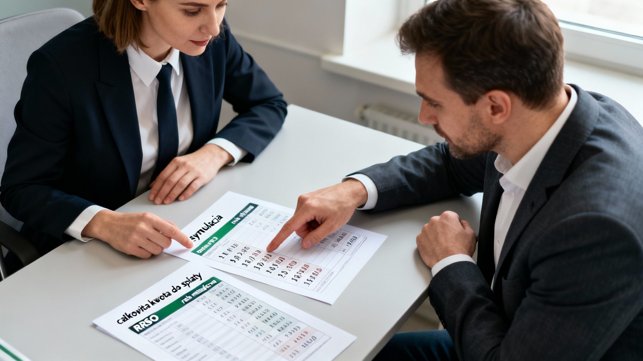 Dwoje profesjonalistów analizuje dokumenty finansowe, takie jak symulacja kredytu i kalkulator rat, na biurku.