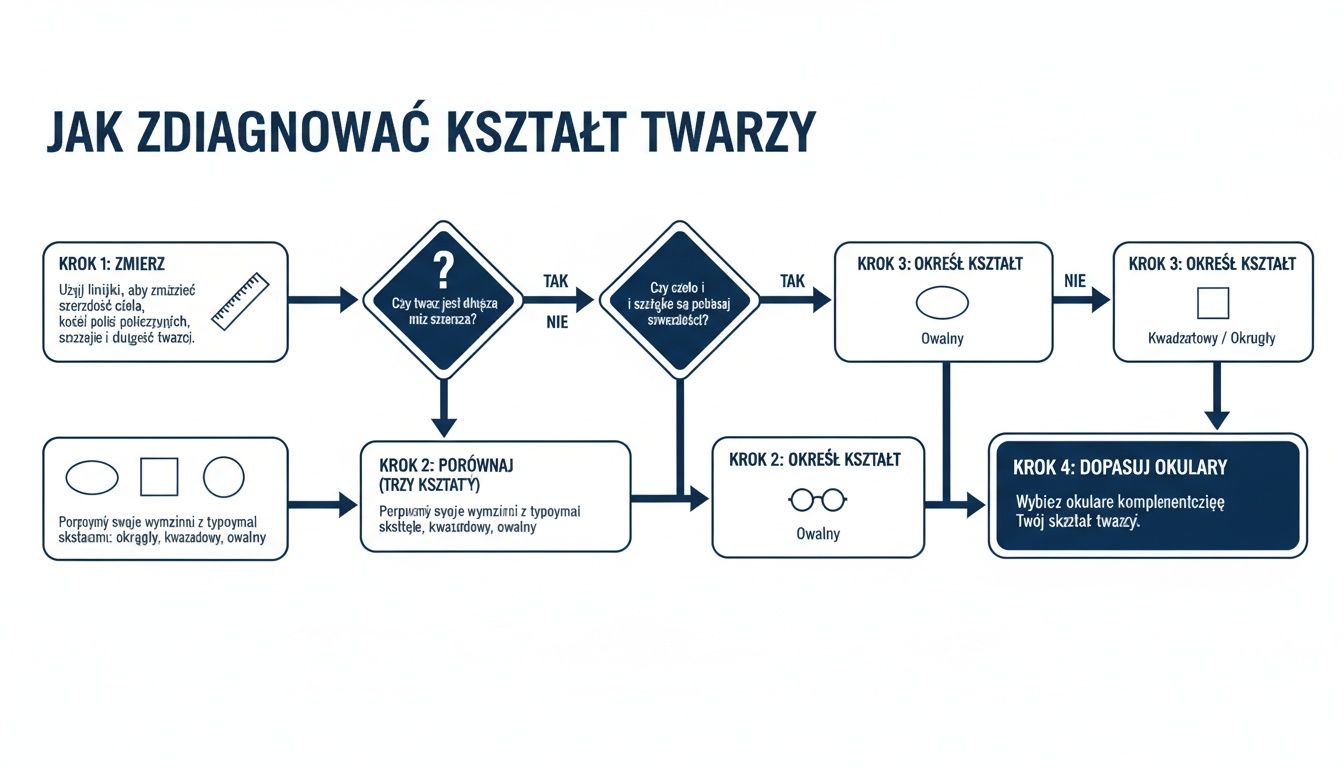 Schemat blokowy jak zdiagnozować kształt twarzy. Instrukcja krok po kroku do doboru okularów.