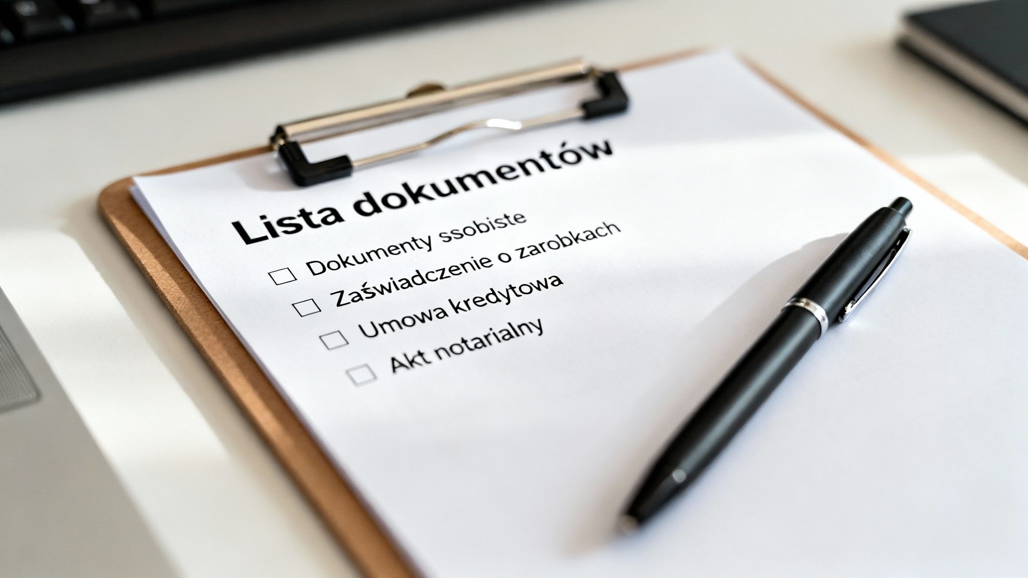 Lista dokumentów na schowku, w tym dokumenty osobiste, zaświadczenie o zarobkach i umowa kredytowa, z długopisem obok.