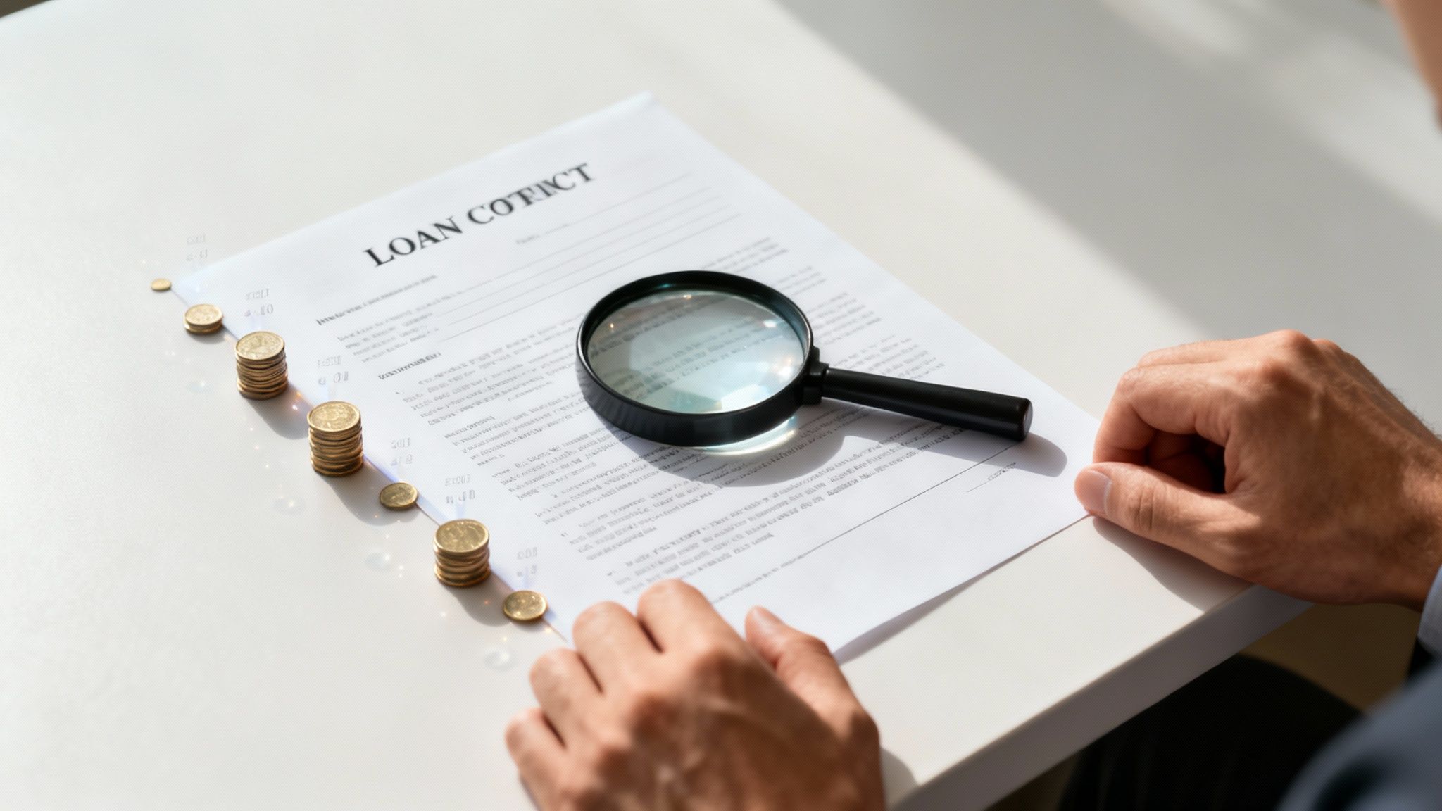 Mężczyzna analizuje umowę pożyczki pod lupą, obok dokumentu leżą stosy złotych monet, symbolizujące finansowanie.