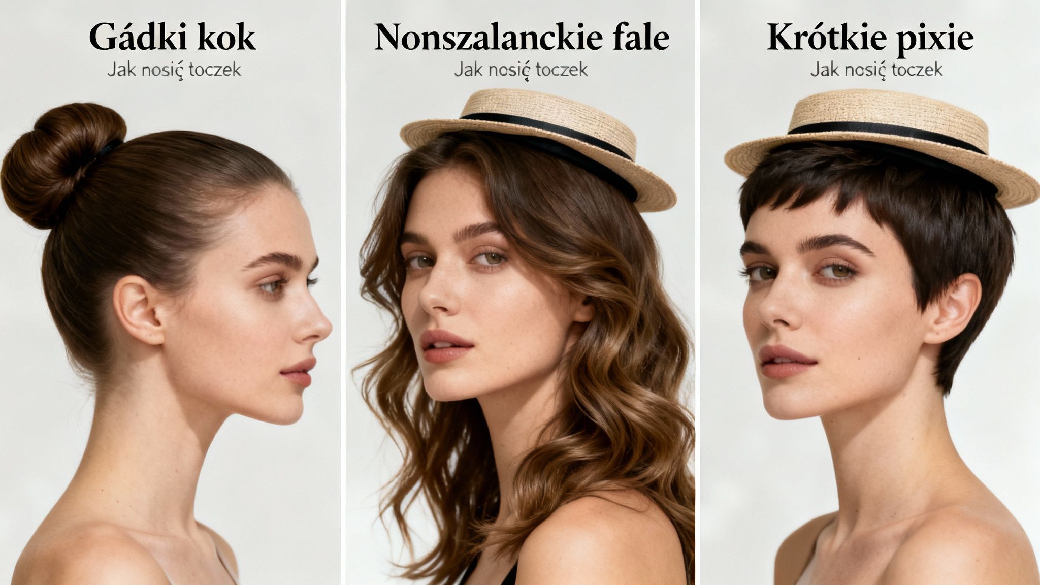 Trzy kobiety prezentujące różne fryzury z toczkiem: gładki kok, nonszalanckie fale i krótkie pixie.